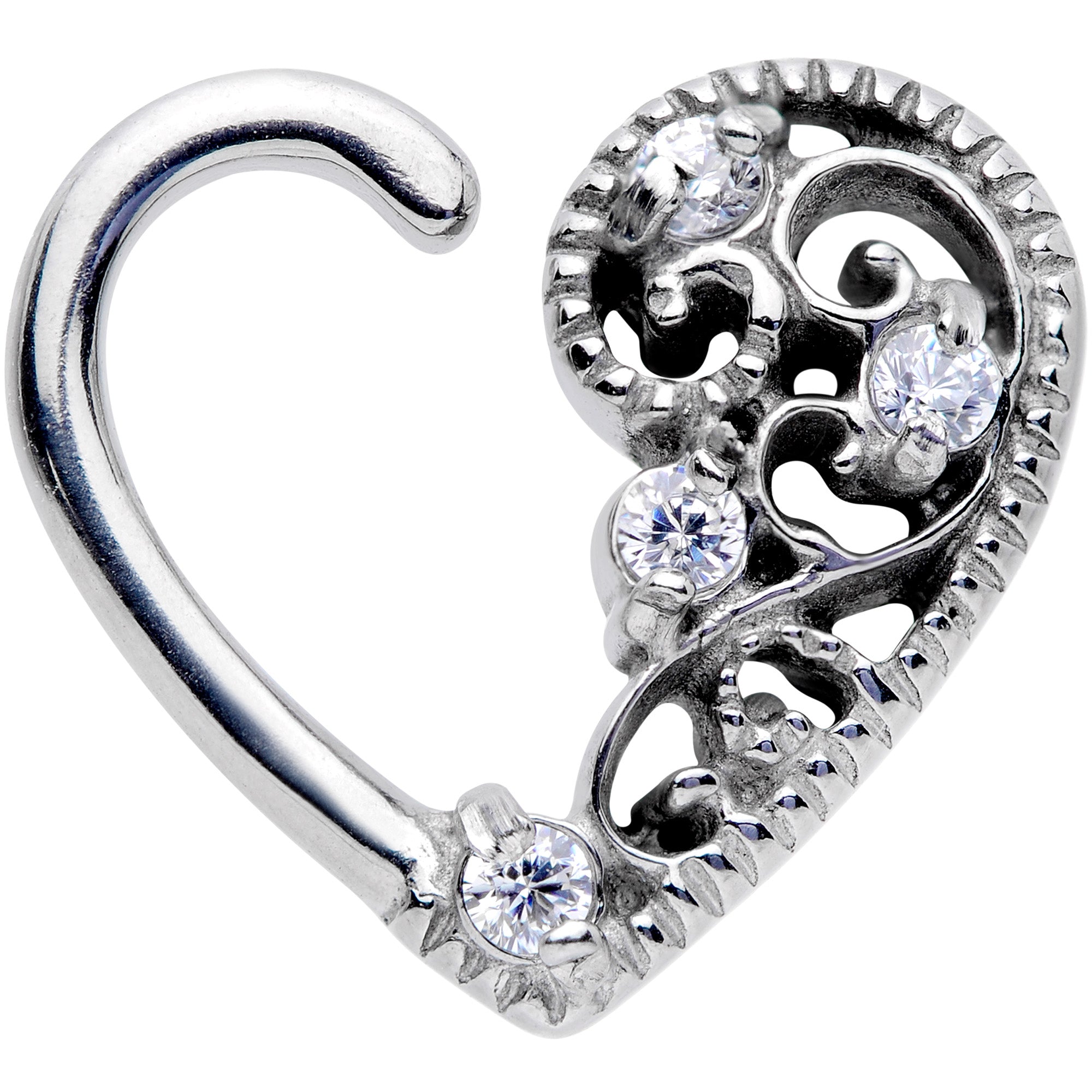16 Gauge 3/8 Clear CZ Gem Art Deco Left Heart Closure Ring