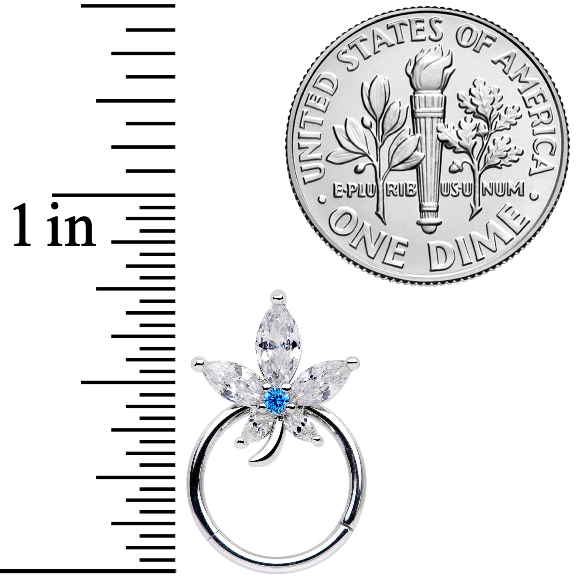 16G 3/8 Clear Blue CZ Gem Marijuana Leaf Hinged Segment Ring