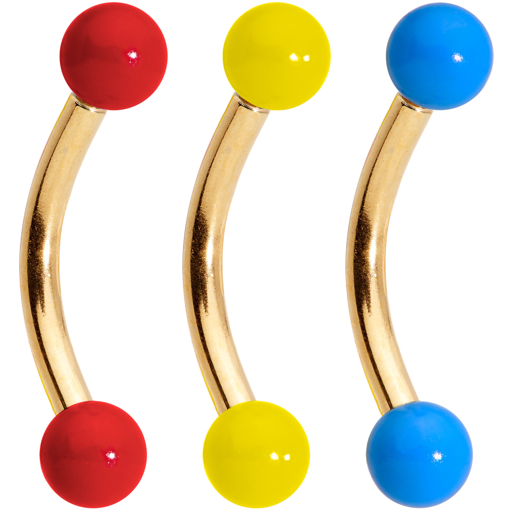 16G 5/16 Red Yellow Blue Glow Gold Tone Curved Barbell Set of 3