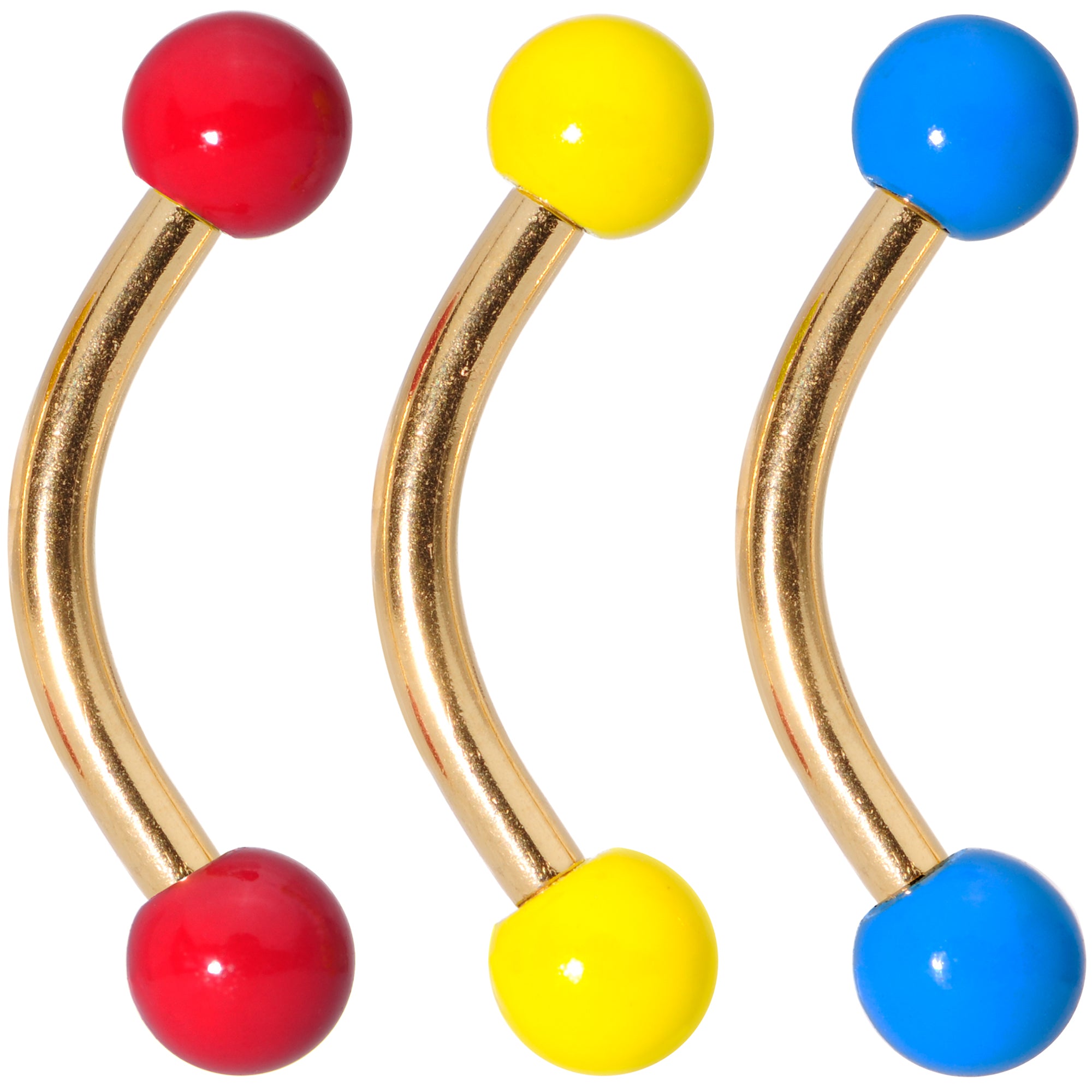 16 Gauge 5/16 Red Yellow Blue Glow Gold Tone Curved Barbell Set of 3