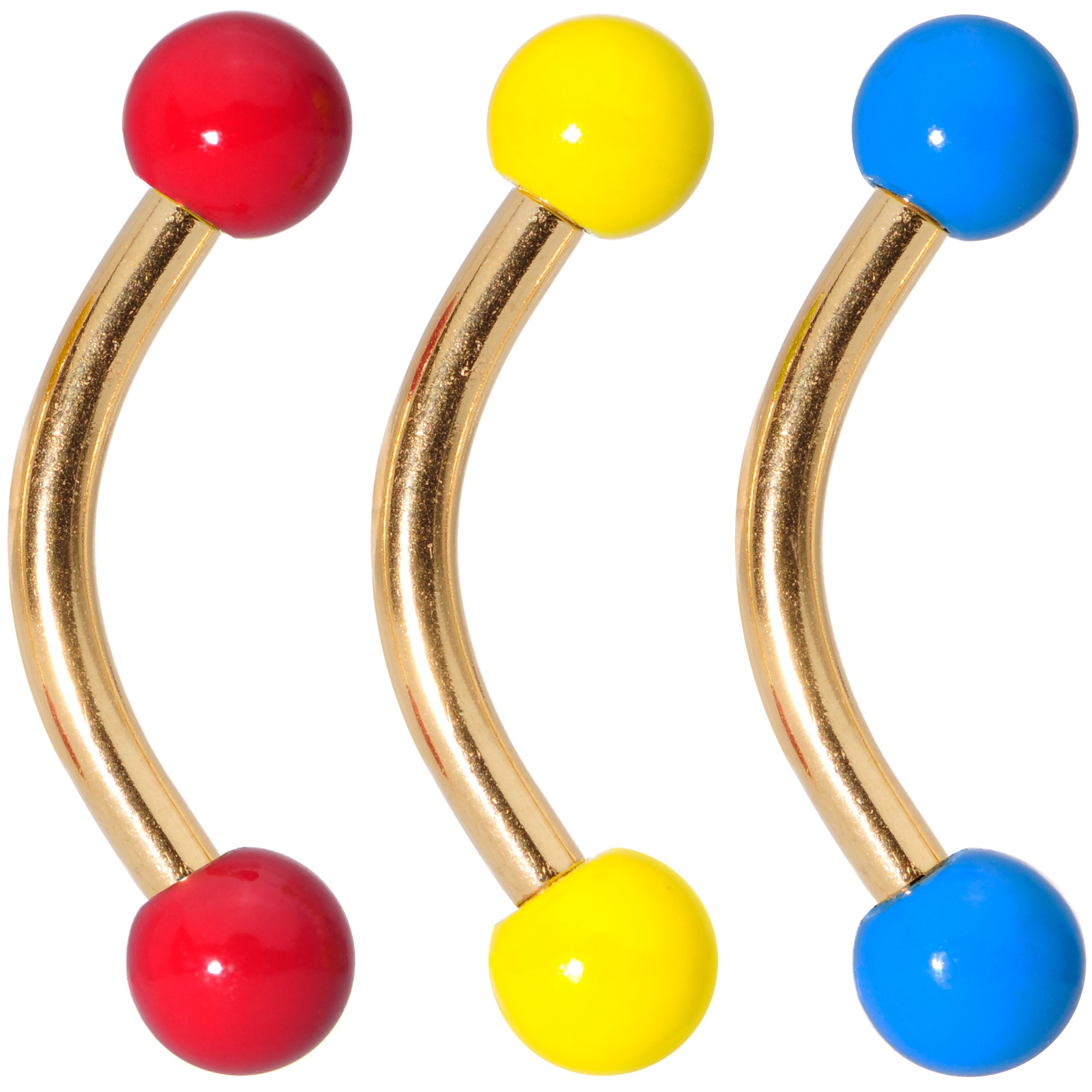 16G 5/16 Red Yellow Blue Glow Gold Tone Curved Barbell Set of 3
