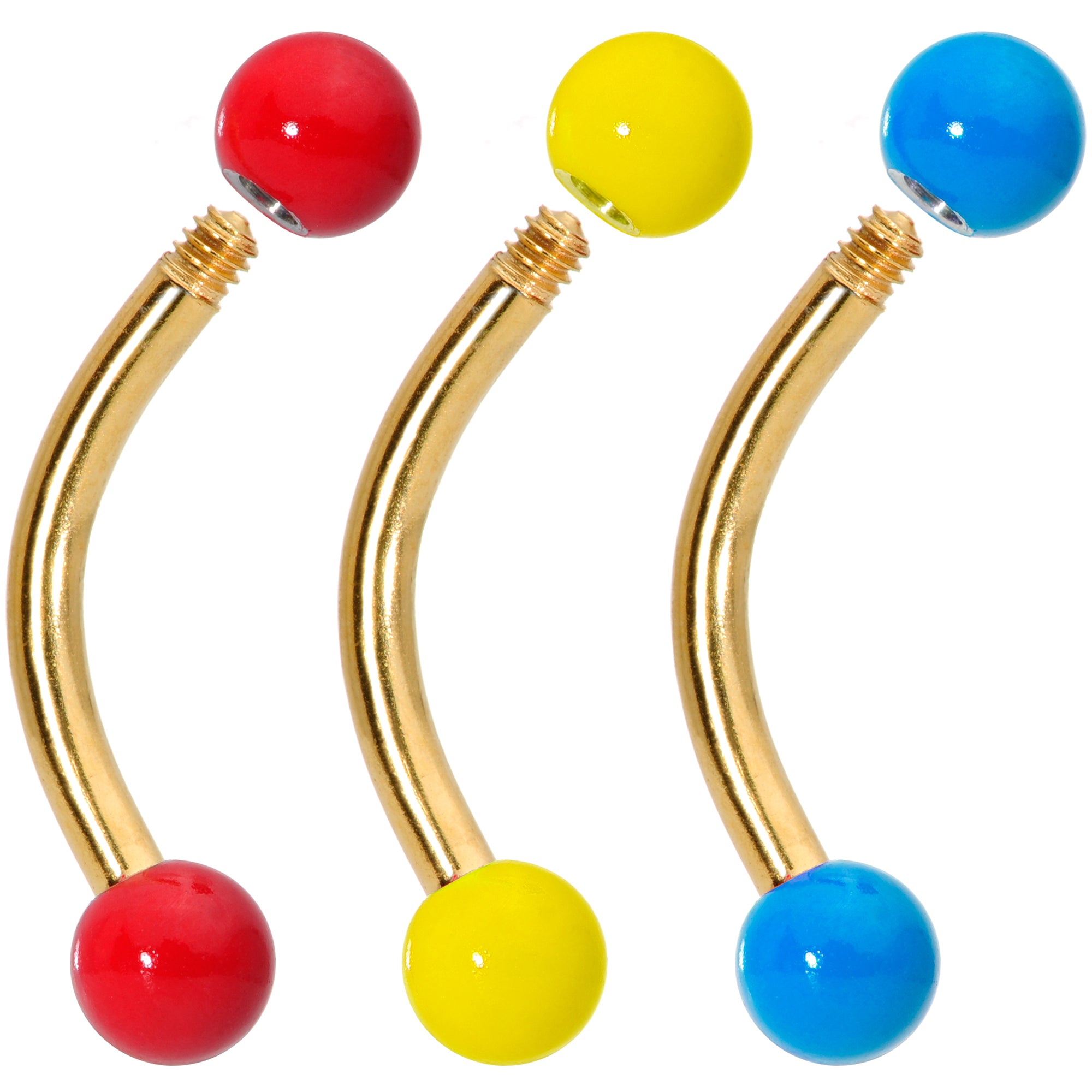 16 Gauge 5/16 Red Yellow Blue Glow Gold Tone Curved Barbell Set of 3