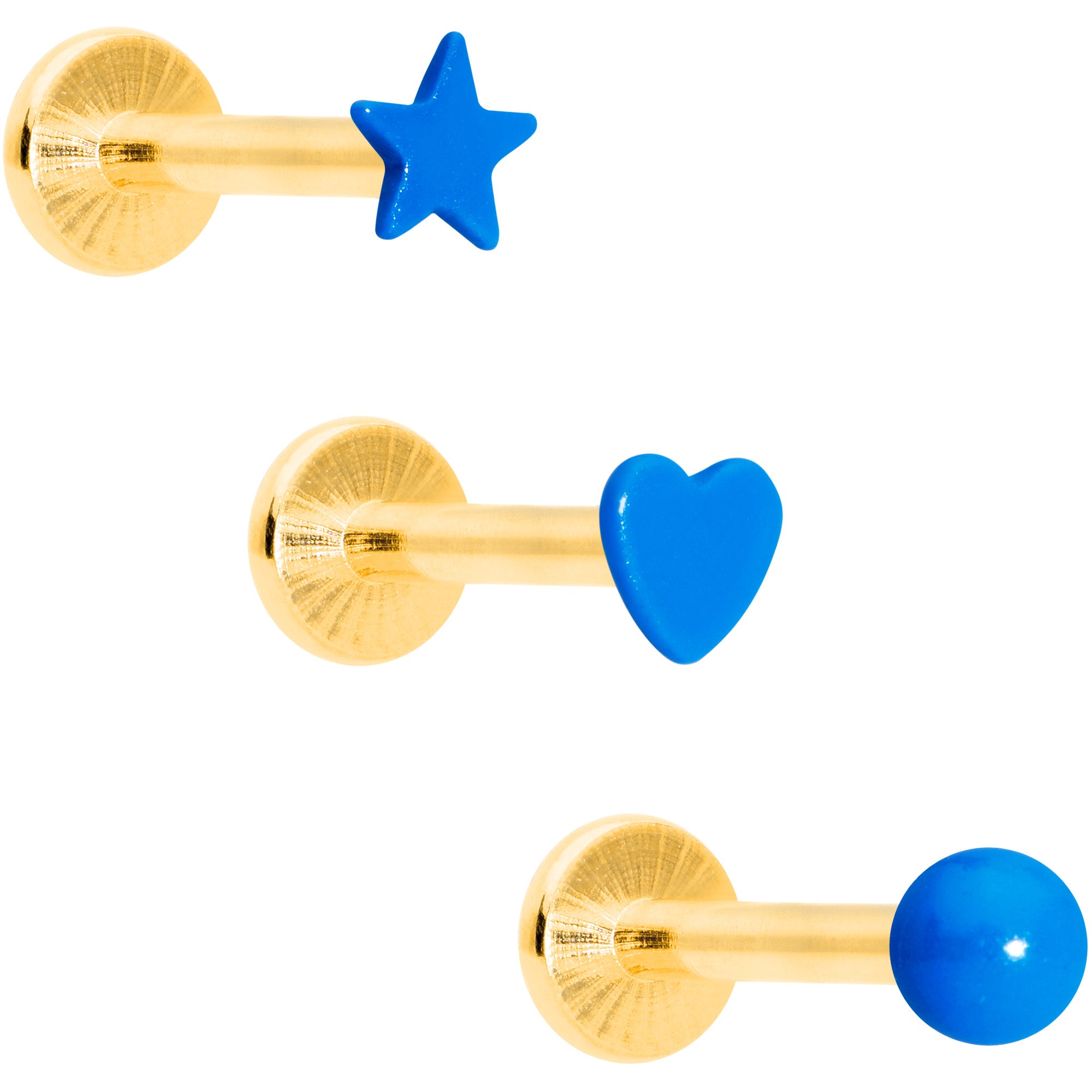 16 Gauge 5/16 Gold Tone Blue Glow Star Heart Labret Set of 3