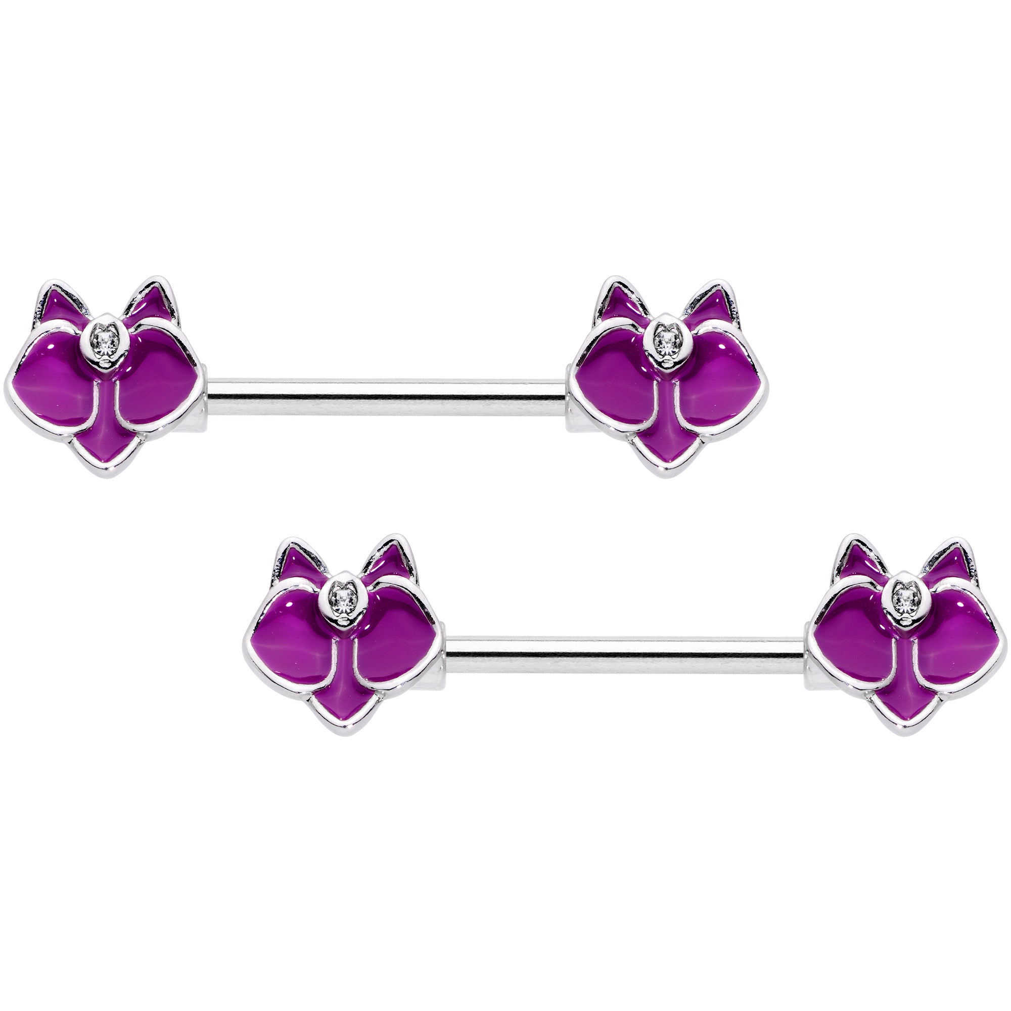 14 Gauge 9/16 Clear Gem Purple Orchid Flower Barbell Nipple Ring Set