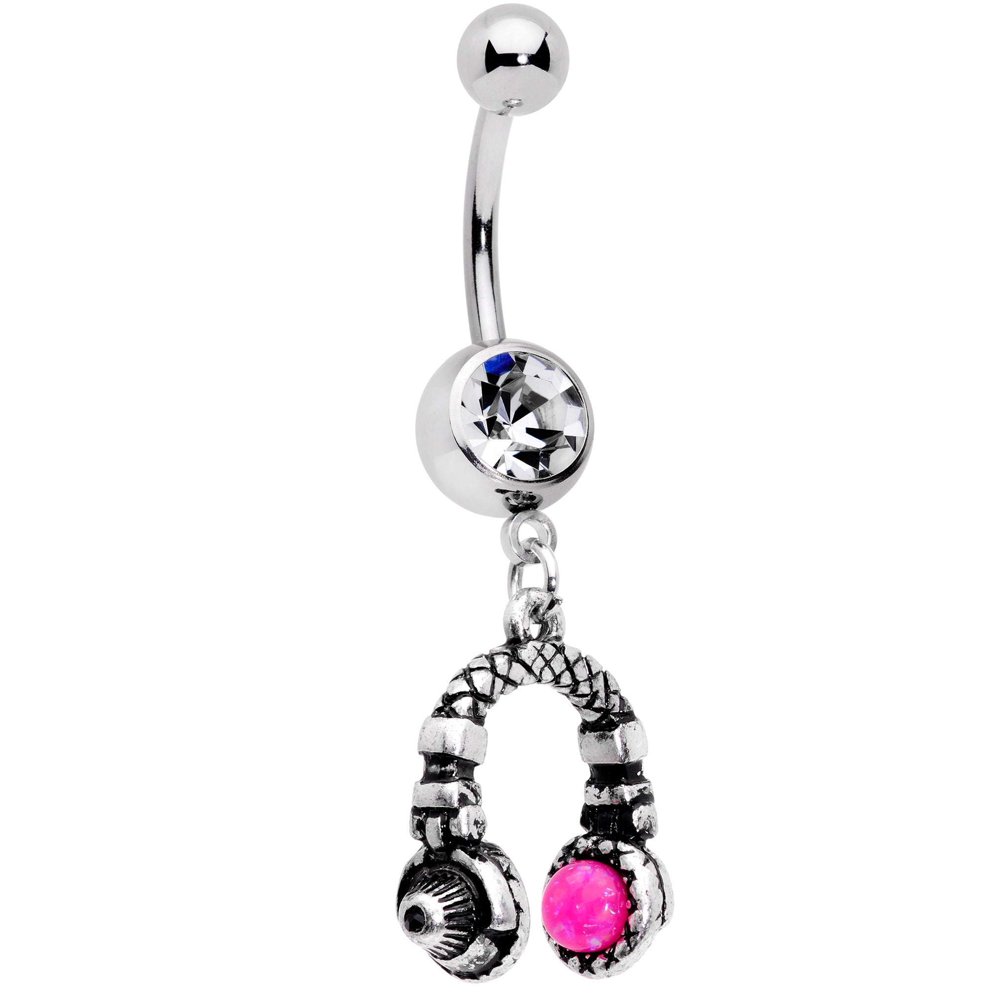 Clear Gem Pink Orb Music Headphones Dangle Belly Ring