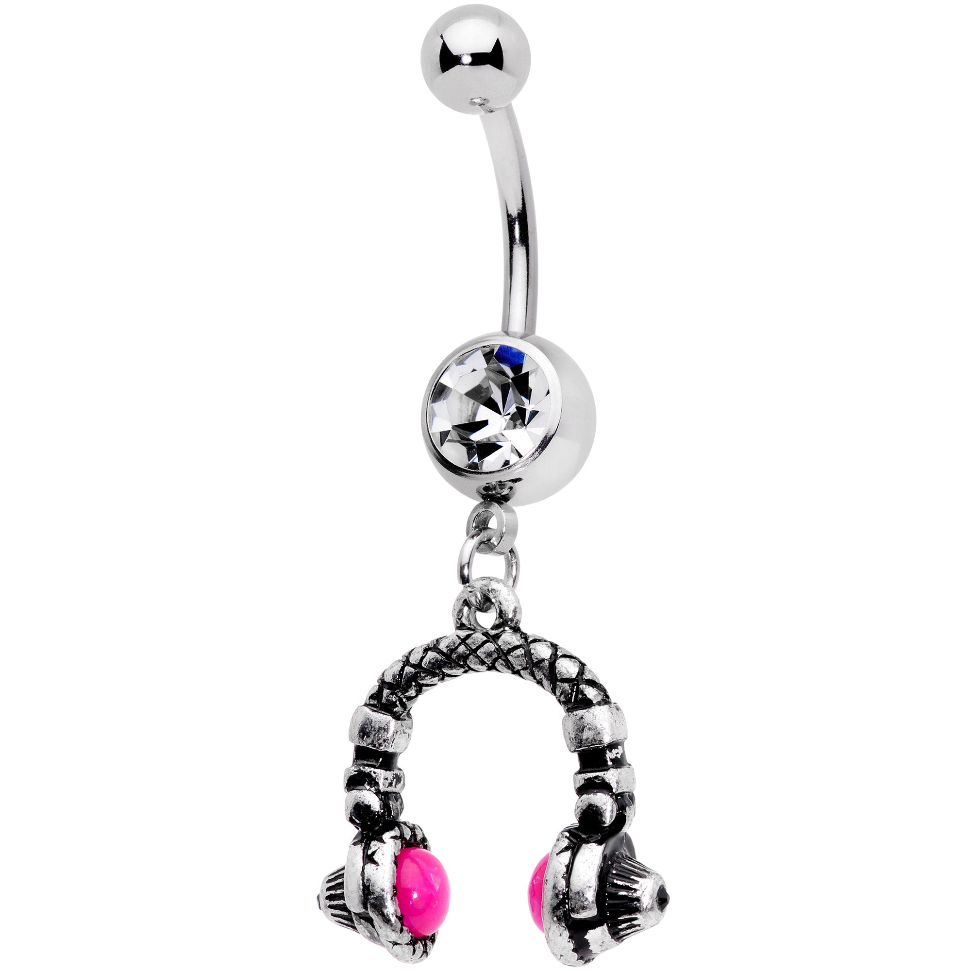 Clear Gem Pink Orb Music Headphones Dangle Belly Ring