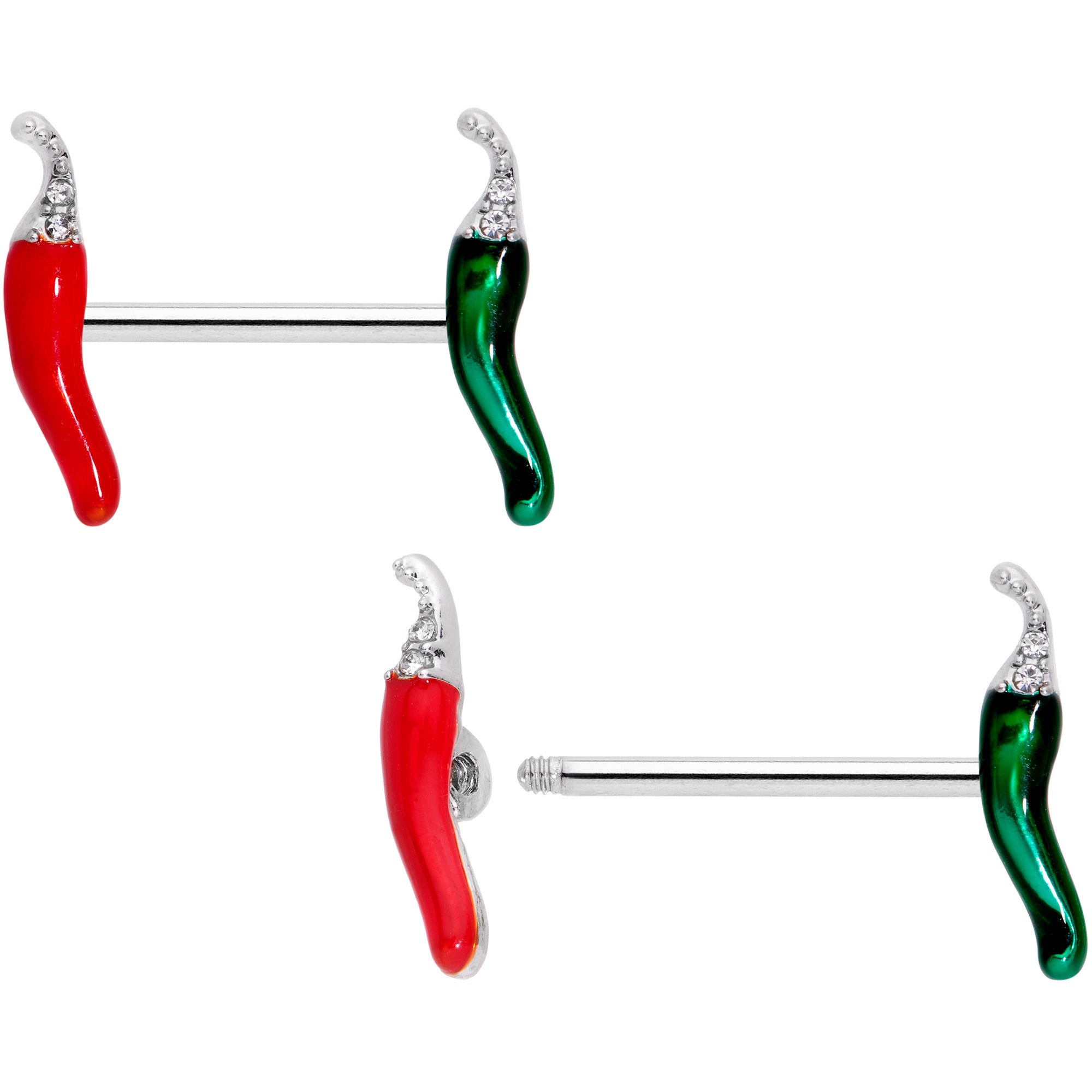 14 Gauge 5/8 Clear Gem Red Green Pepper Barbell Nipple Ring Set