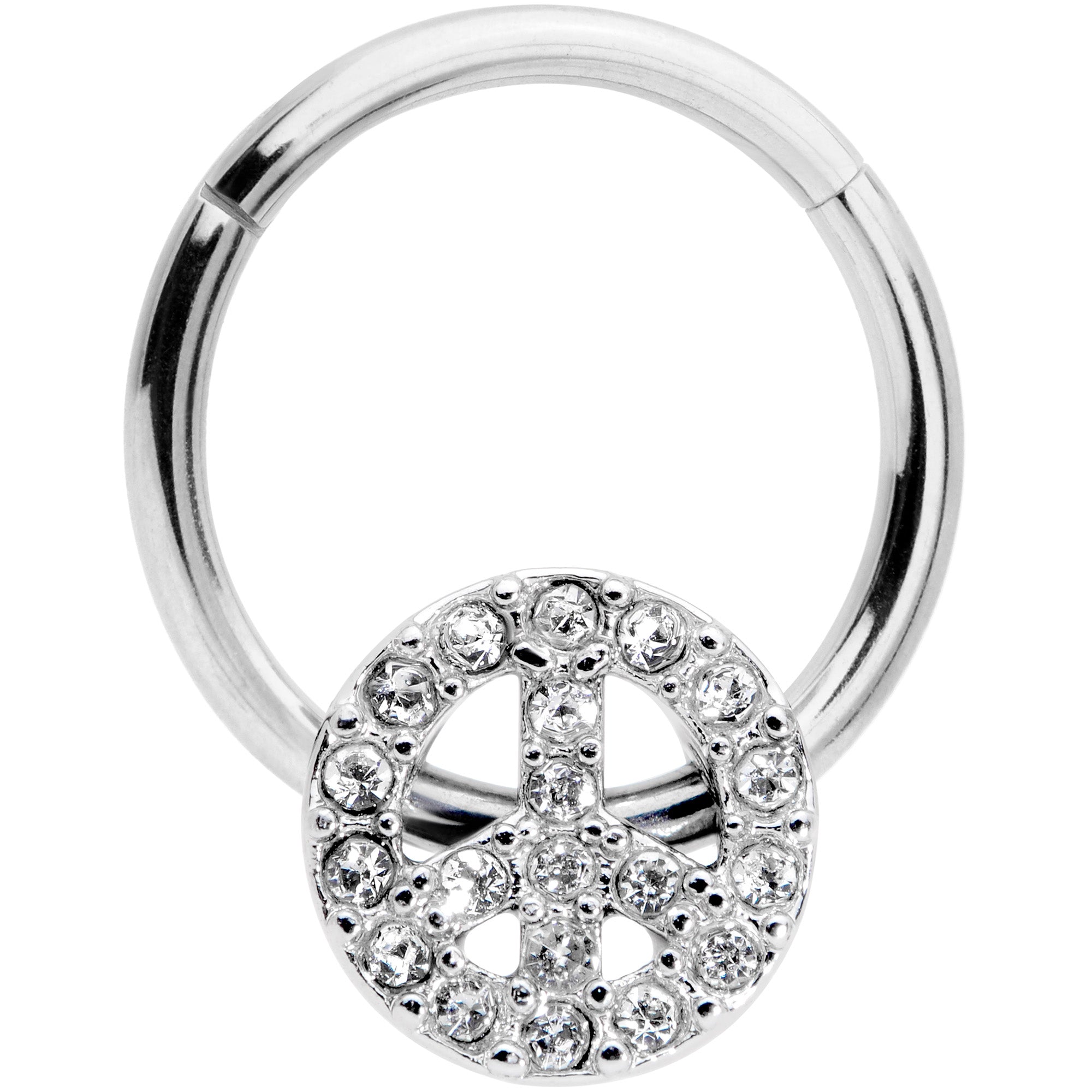 16G 3/8 Clear Gem Retro Peace Sign Hinged Segment Ring