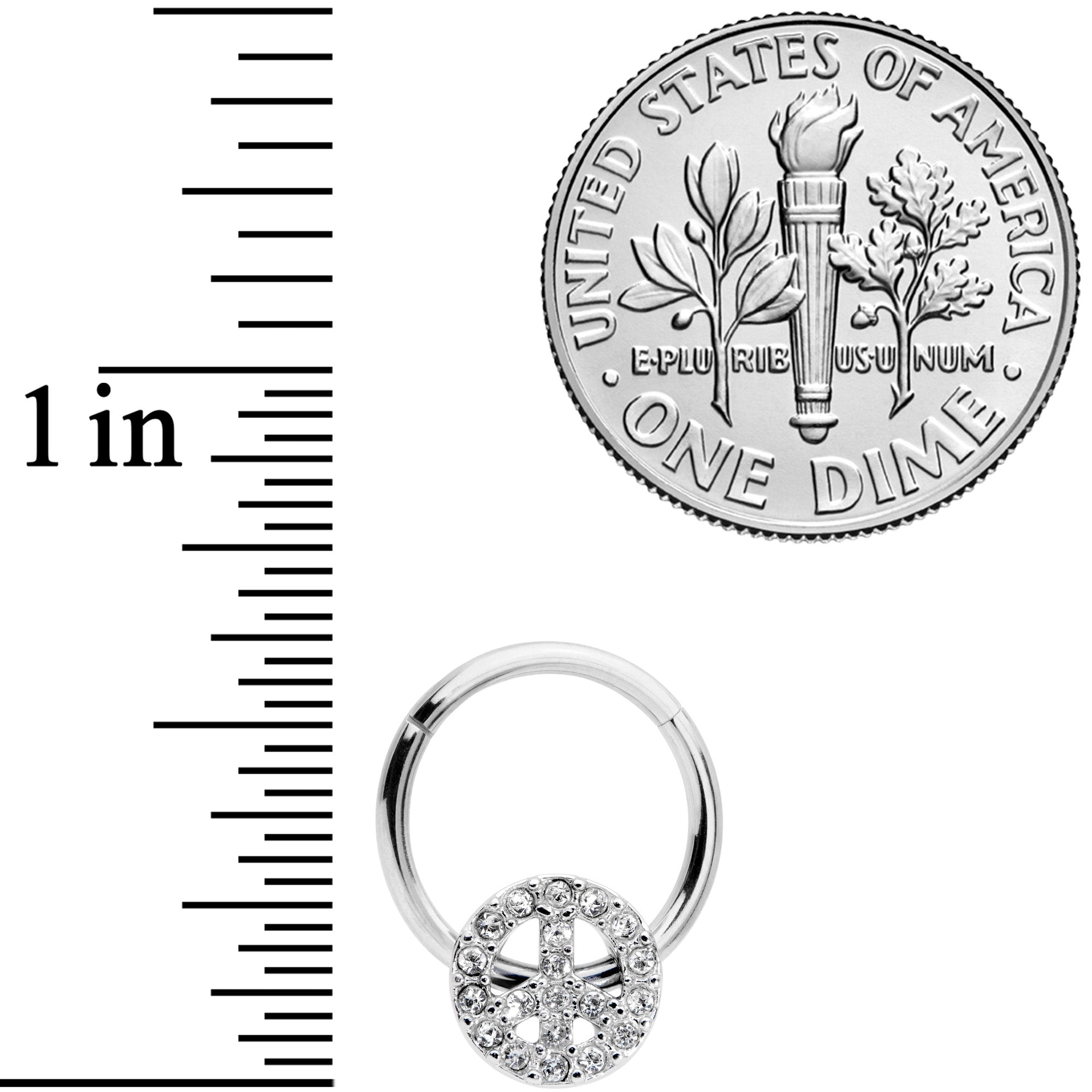 16G 3/8 Clear Gem Retro Peace Sign Hinged Segment Ring