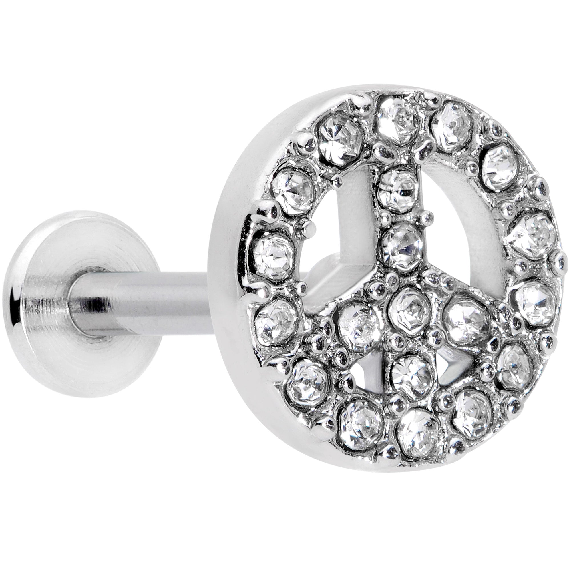 16G 3/8 Clear Gem Retro Peace Sign Labret Monroe Tragus