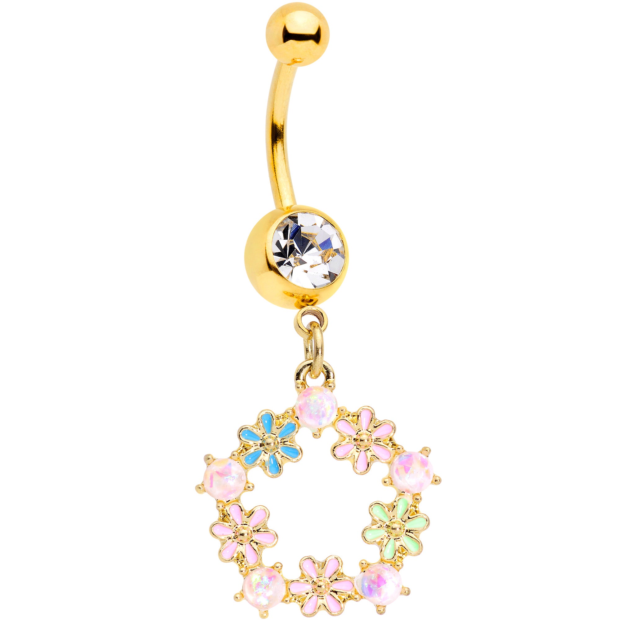Clear Gem Gold Tone Pink Blue Green Flower Dangle Belly Ring