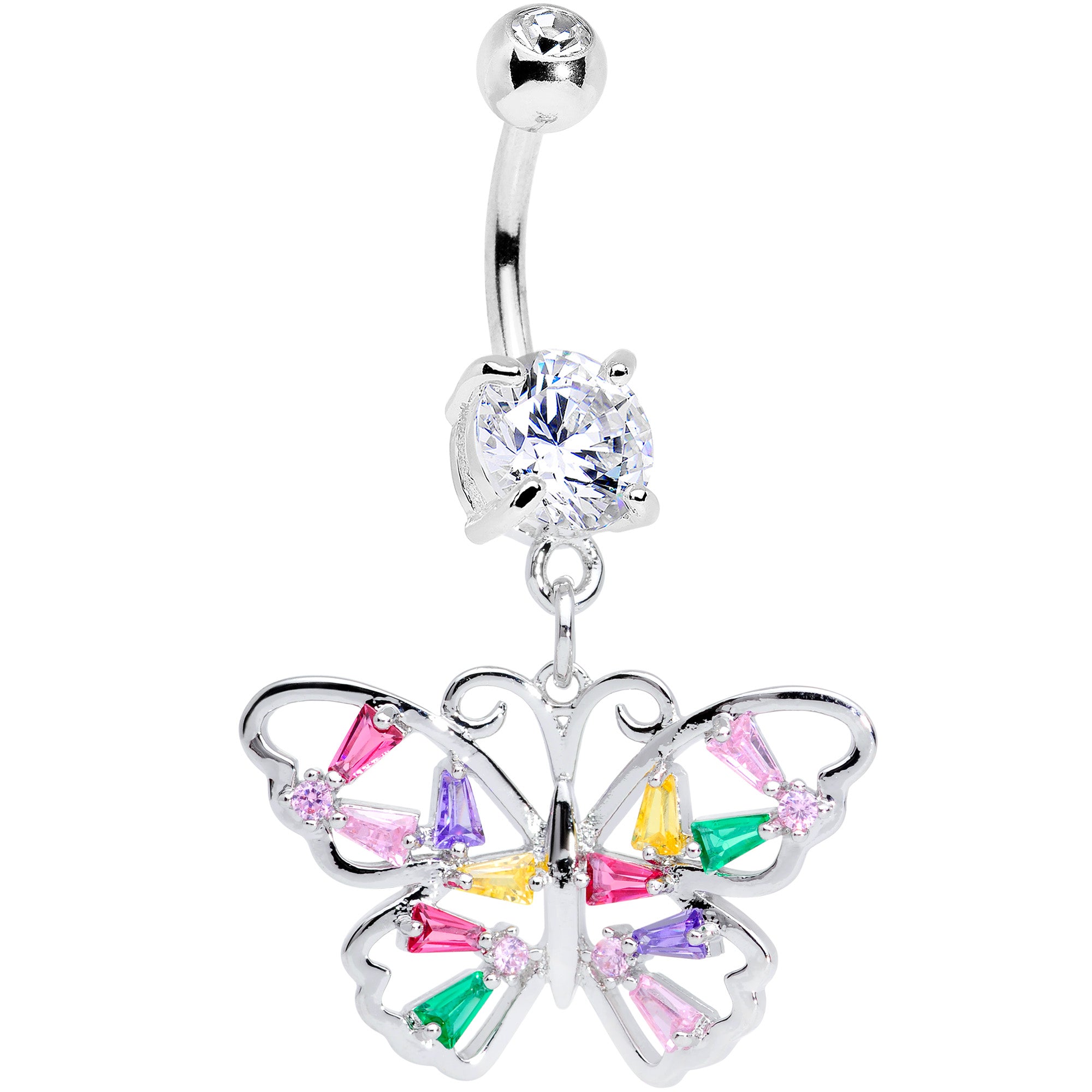Green Pink Red CZ Gem Spring Butterfly Dangle Belly Ring