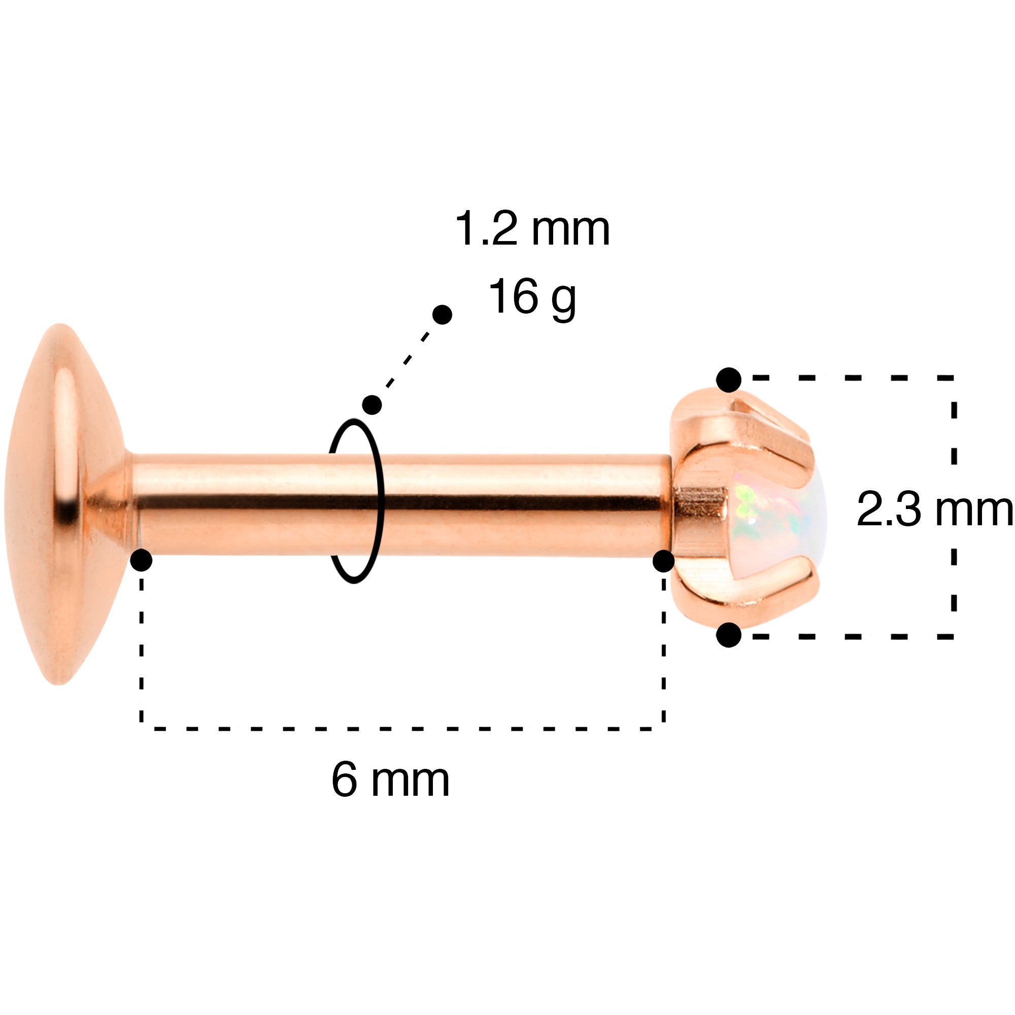 16G 1/4 2mm Syn Opal Rose Gold G23 Titanium Internal Thread Labret