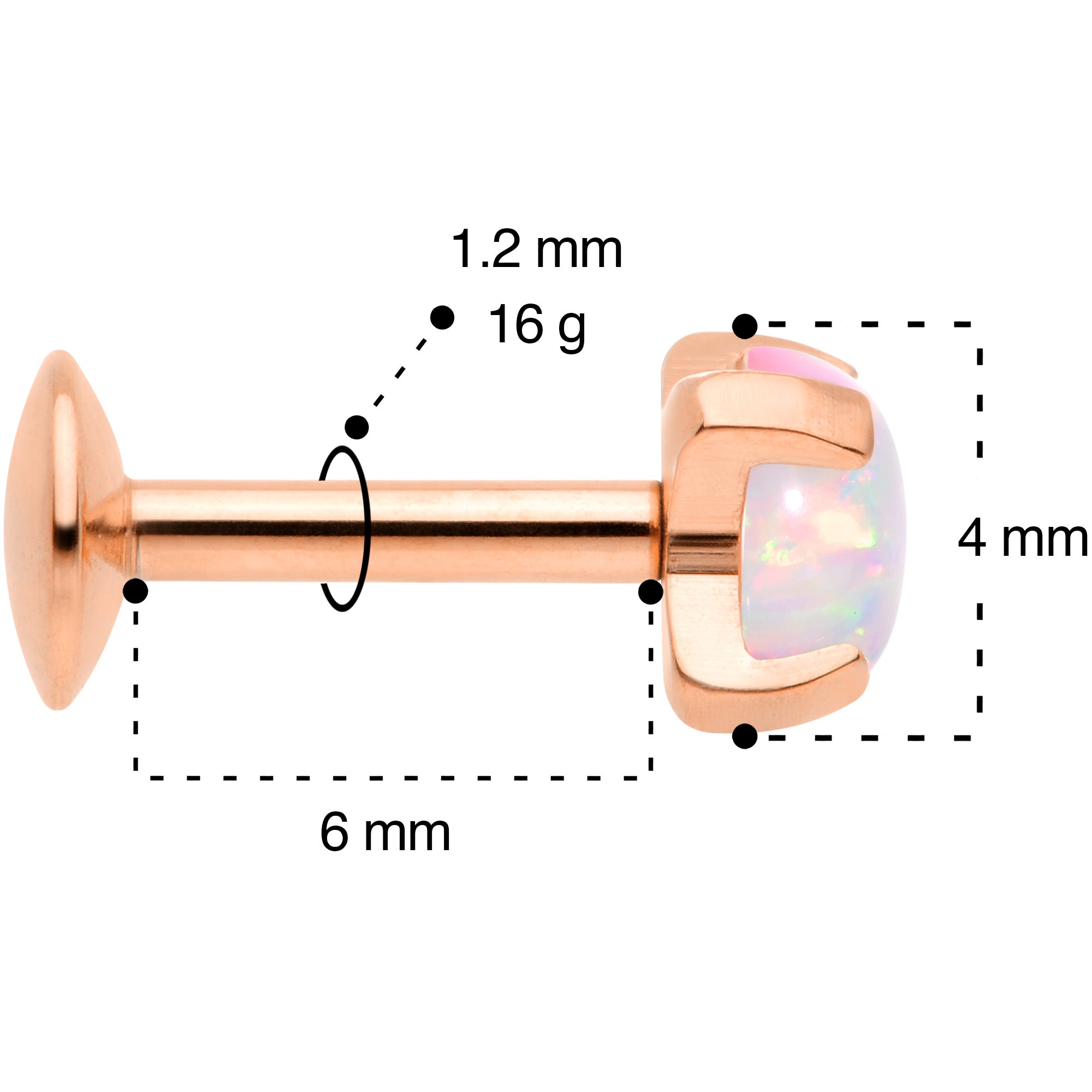 16G 1/4 4mm Syn Opal Rose Gold G23 Titanium Internal Thread Labret