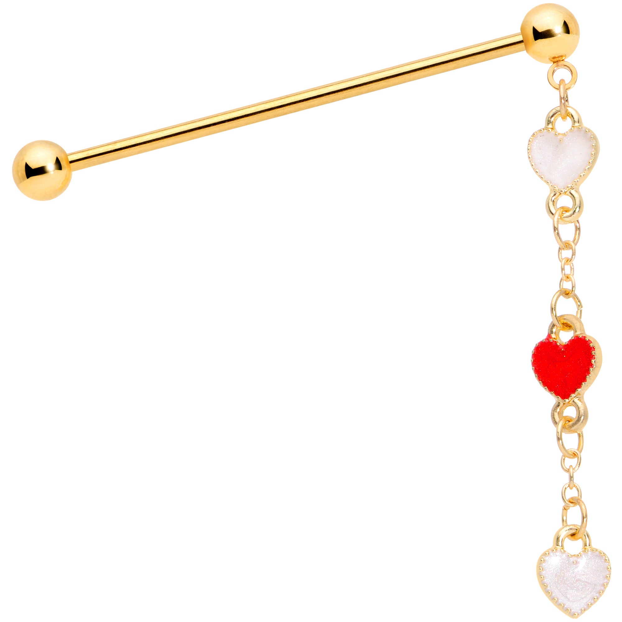 14 Gauge Red White Gold Tone Hearts Dangle Industrial Barbell 38mm