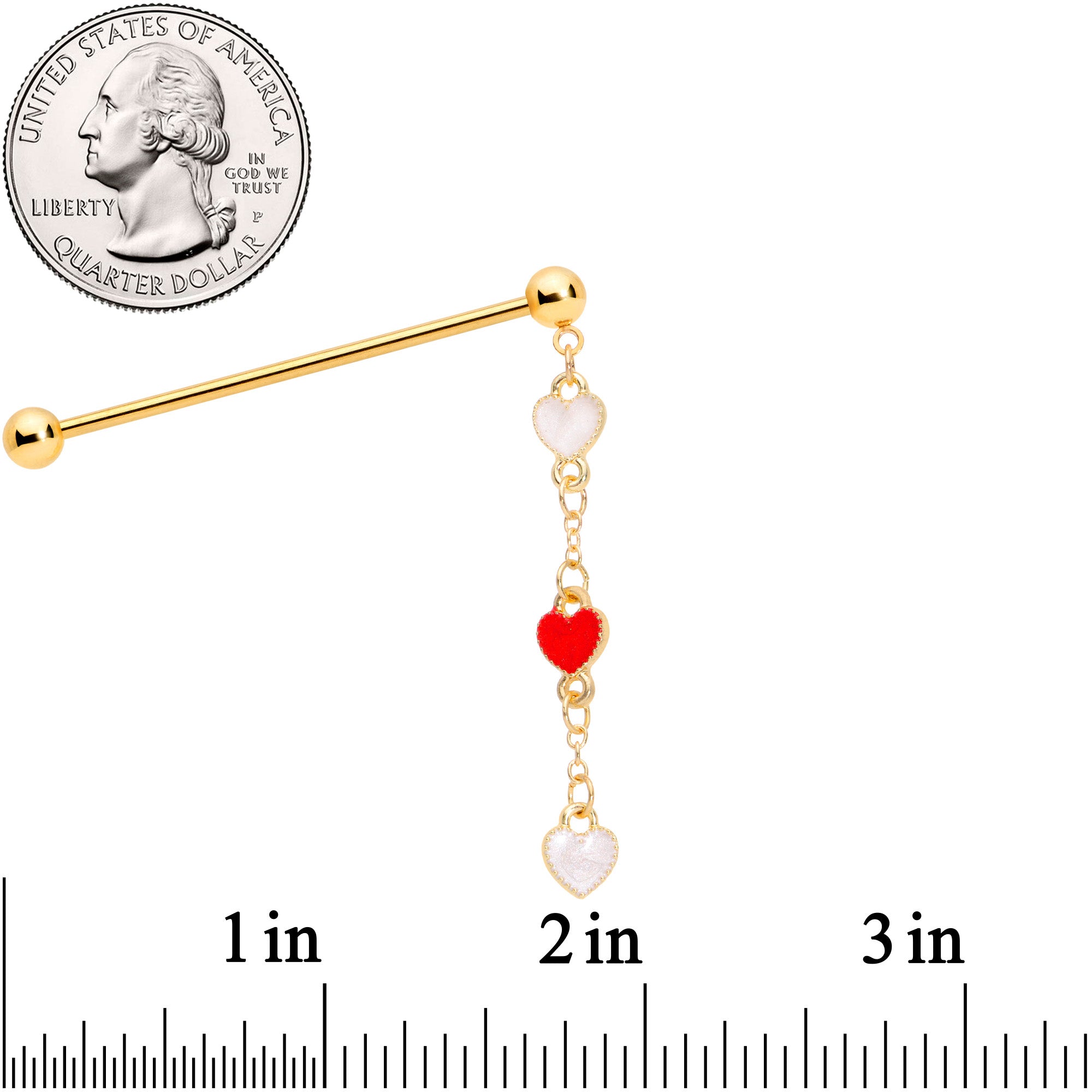 14 Gauge Red White Gold Tone Hearts Dangle Industrial Barbell 38mm