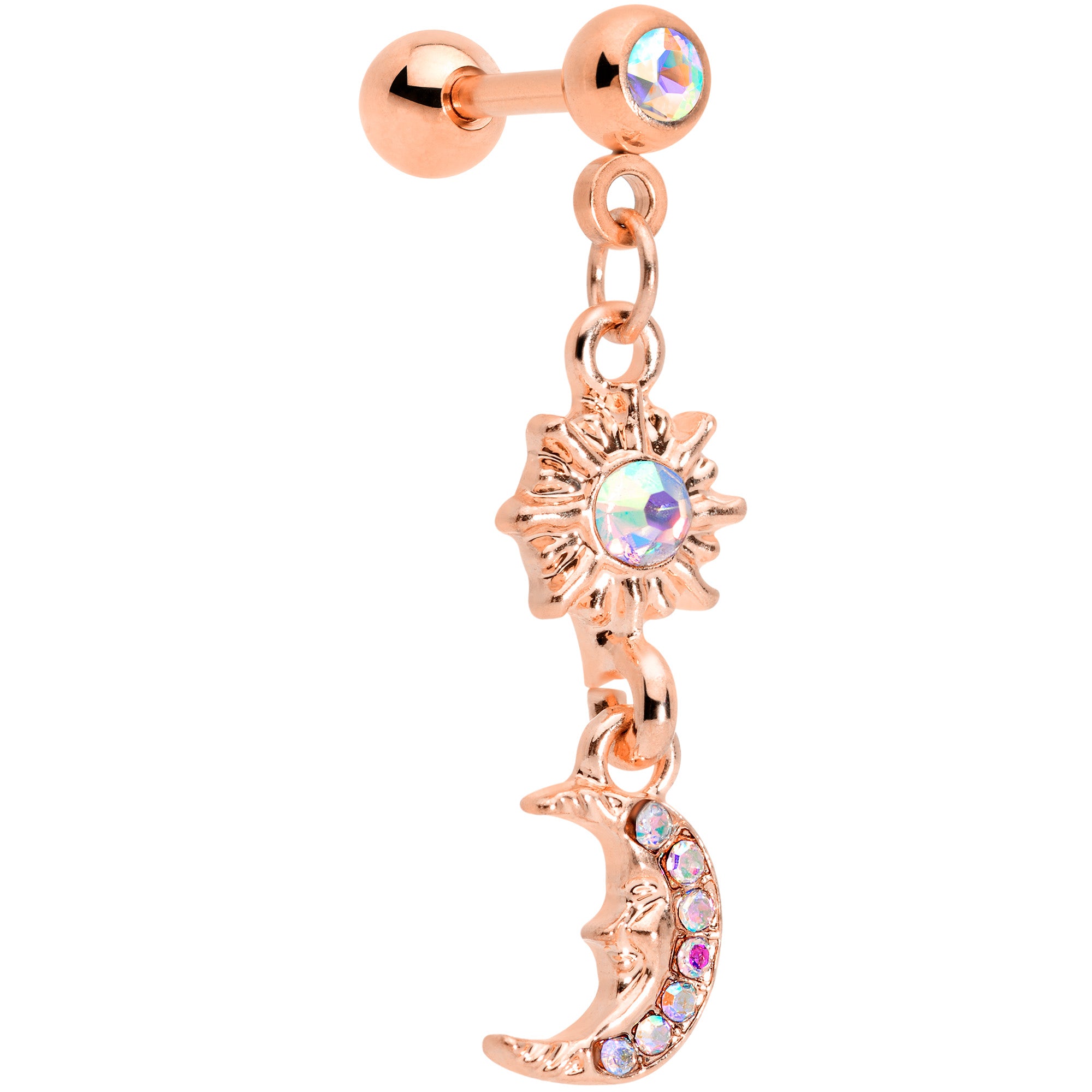 16G 1/4 Aurora Gem Rose Gold Tone Moon Dangle Cartilage Tragus