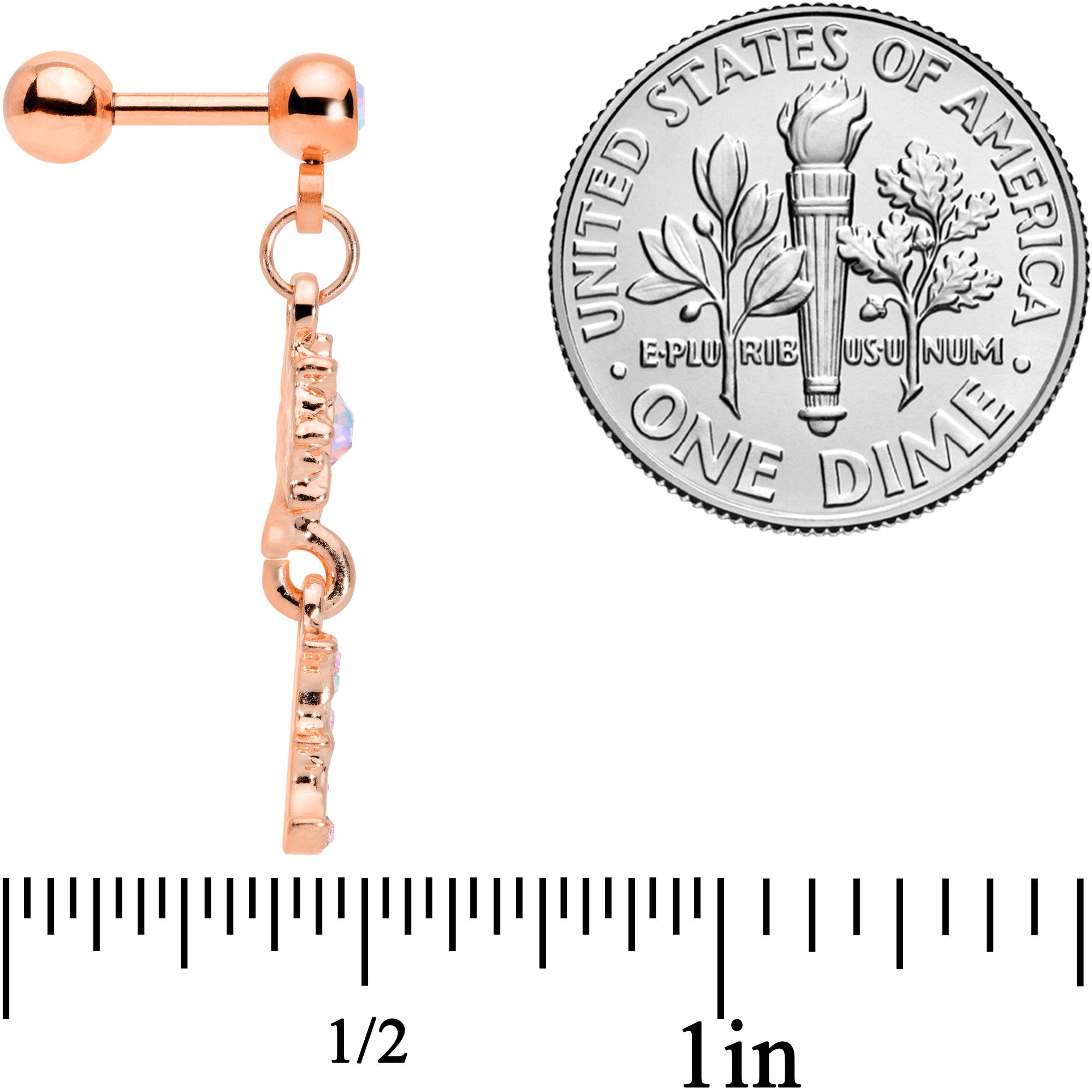 16G 1/4 Aurora Gem Rose Gold Tone Moon Dangle Cartilage Tragus