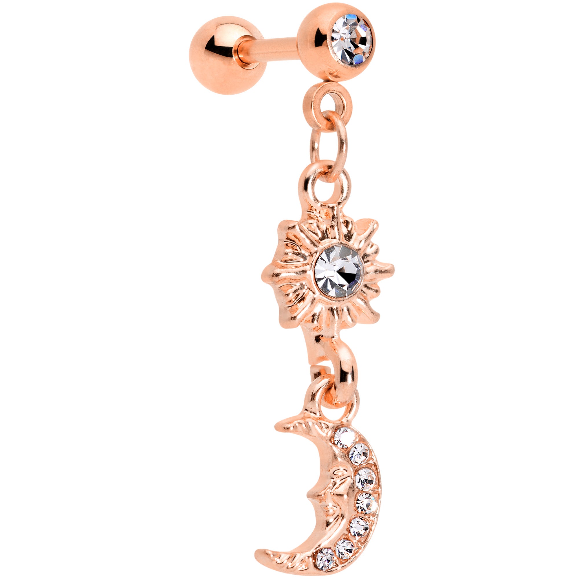 16G 1/4 Clear Gem Rose Gold Tone Moon Dangle Cartilage Tragus