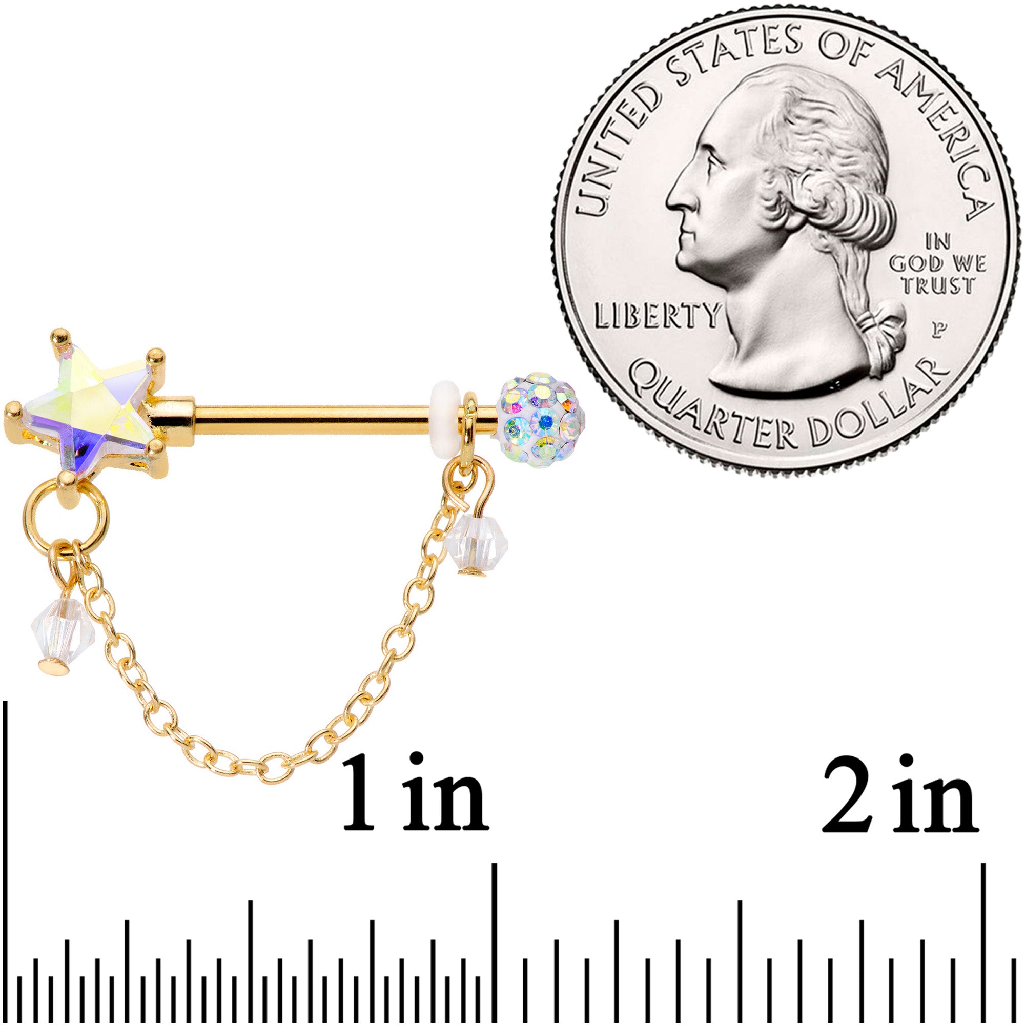 14G 5/8 Aurora Gem Gold Tone Star Chain Dangle Nipple Ring Set