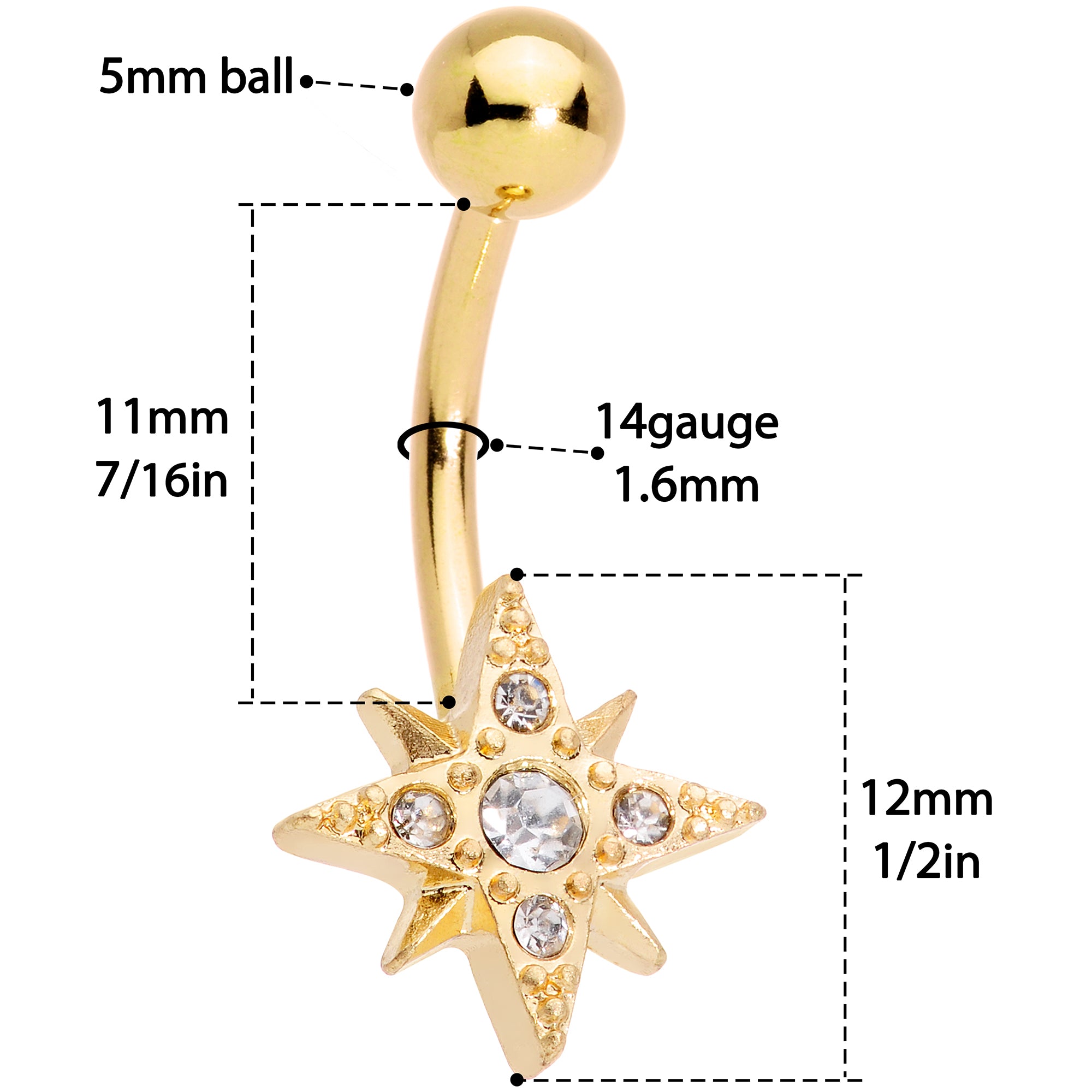 Clear Gem Gold Tone Celestial Moon Star Belly Ring Set of 3