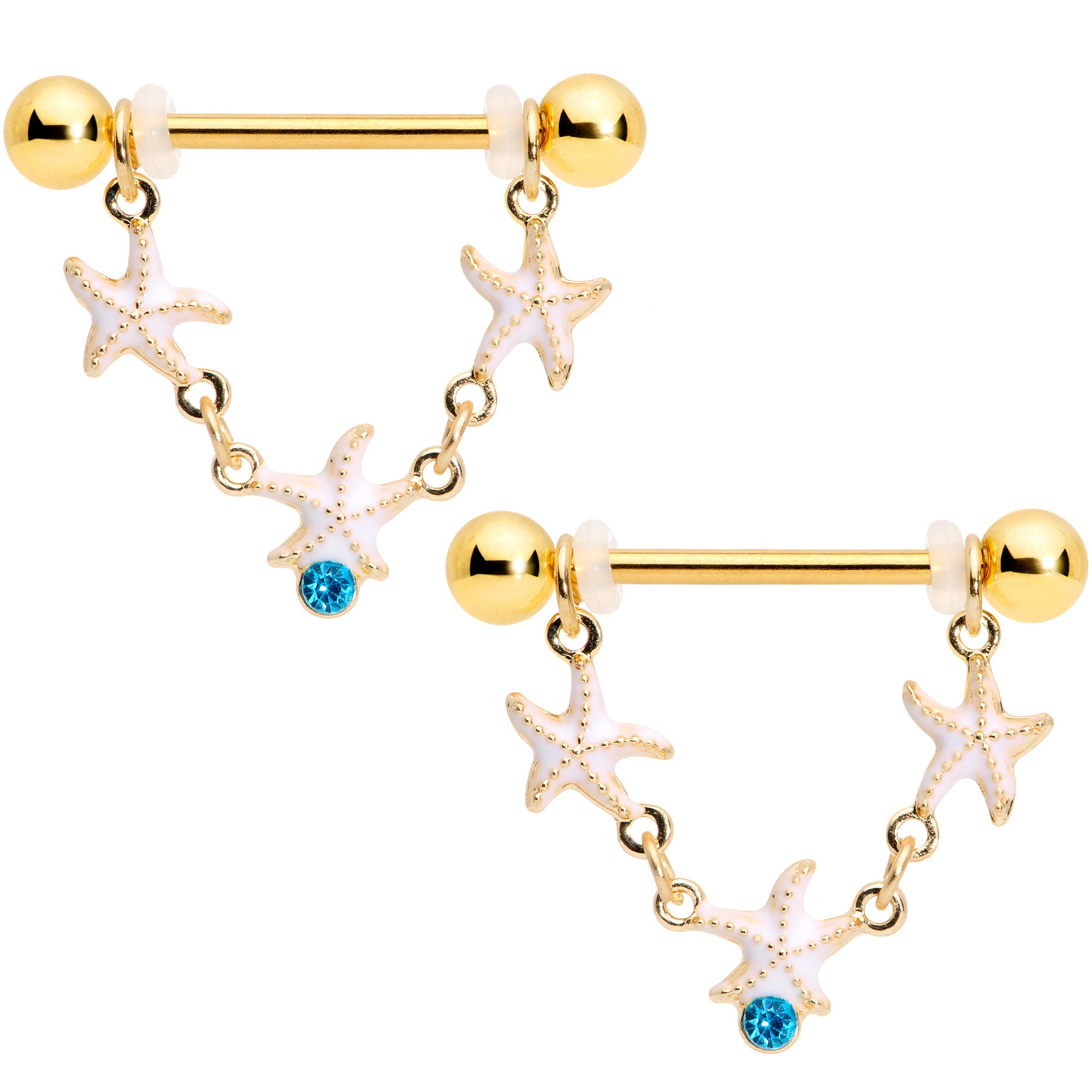 14 Gauge 9/16 Blue Gem Gold Tone Starfish Dangle Nipple Ring Set