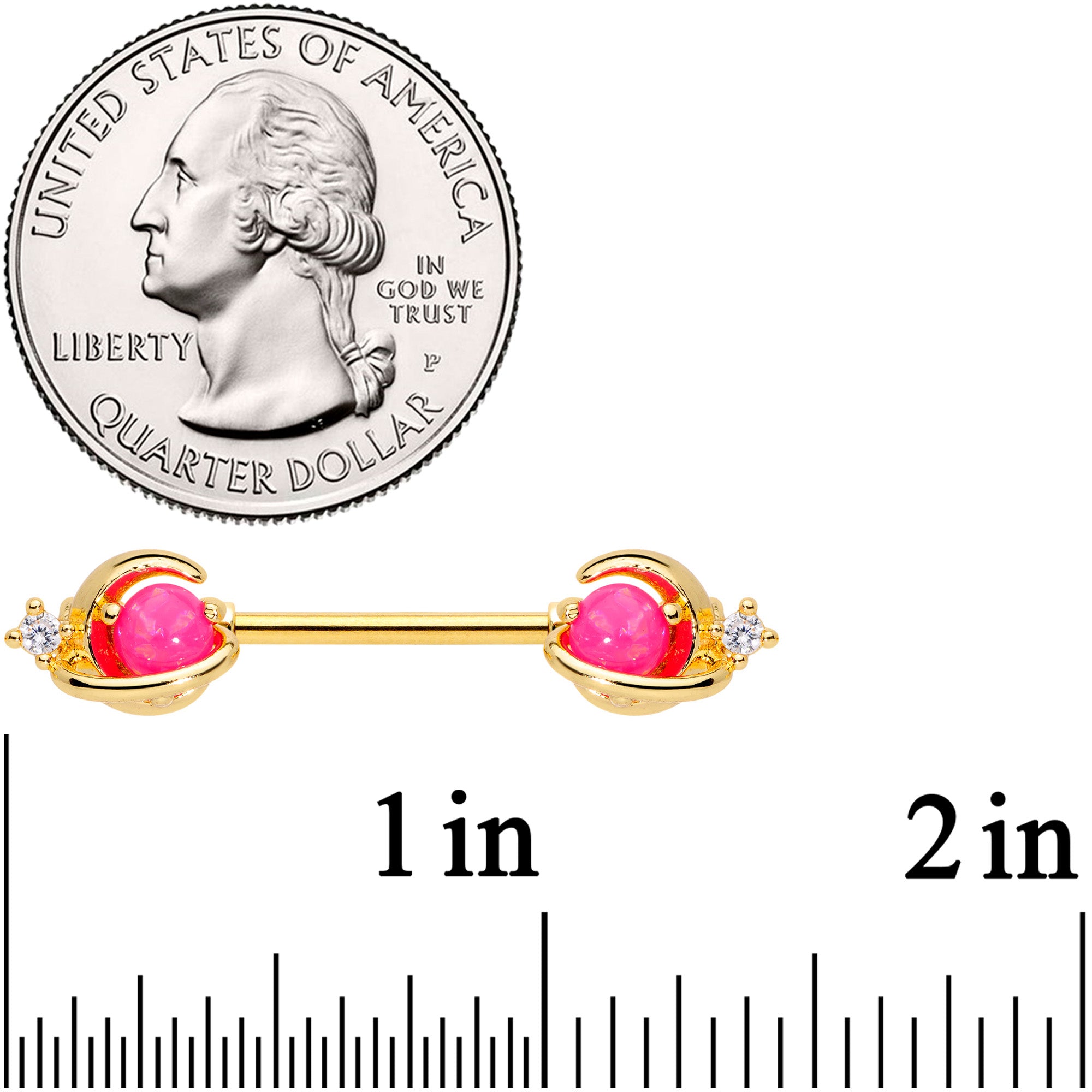 14 Gauge 9/16 Clear CZ Gem Gold Tone Pink Moon Barbell Nipple Ring Set