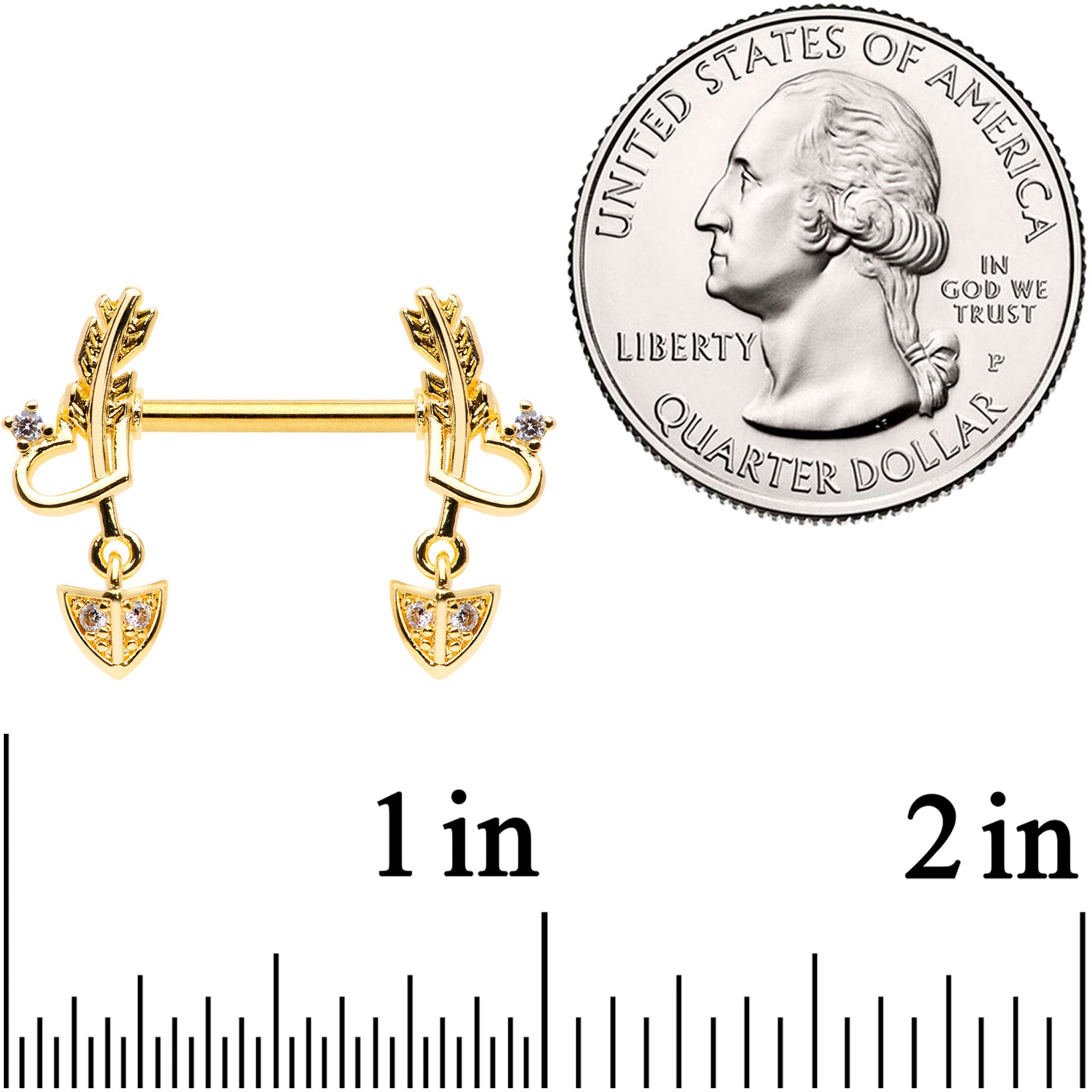 14G 9/16 Clear CZ Gem Gold Tone Love Feather Barbell Nipple Ring Set