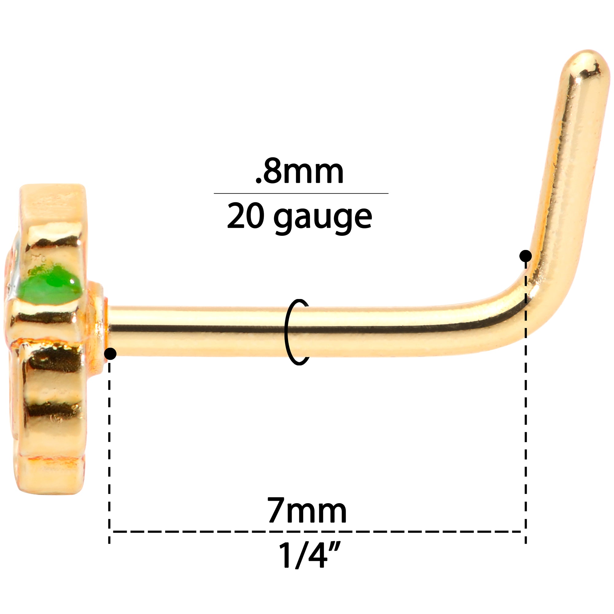 20G 5/16 Green Gold Tone Lucky Leprechaun L Shaped Nose Ring