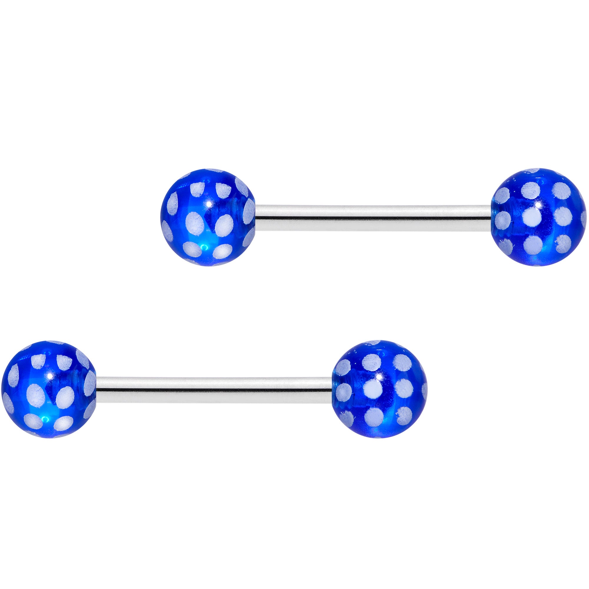 14 Gauge 9/16 Blue White Polka Dot UV Ball Barbell Nipple Ring Set
