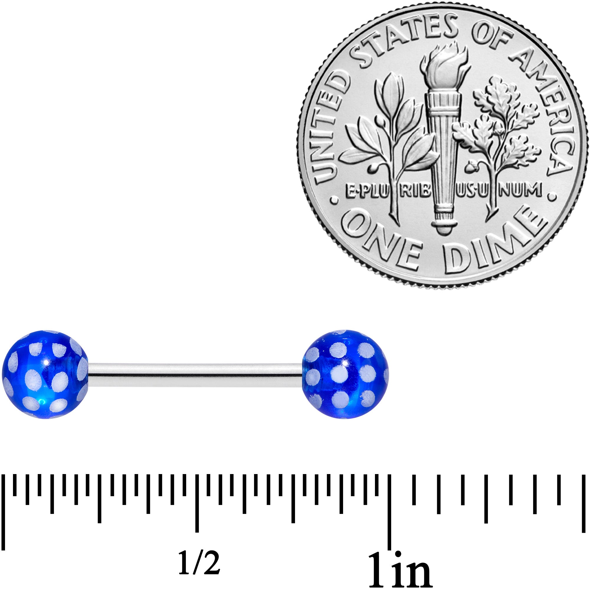14 Gauge 9/16 Blue White Polka Dot UV Ball Barbell Nipple Ring Set