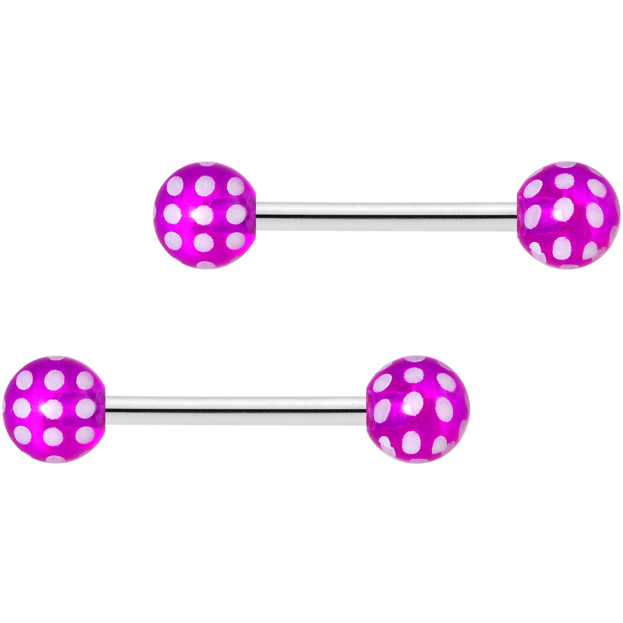 14 Gauge 9/16 Purple White Polka Dot UV Ball Barbell Nipple Ring Set
