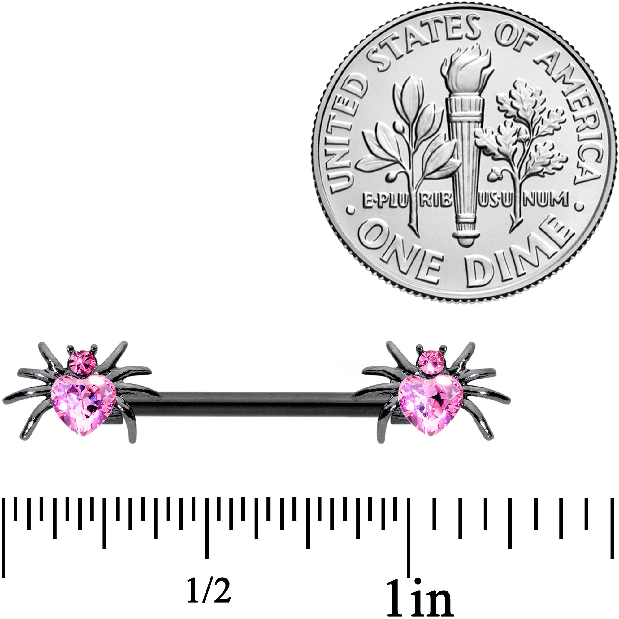 14 Gauge 5/8 Pink Gem Black Sexy Heart Spider Barbell Nipple Ring Set