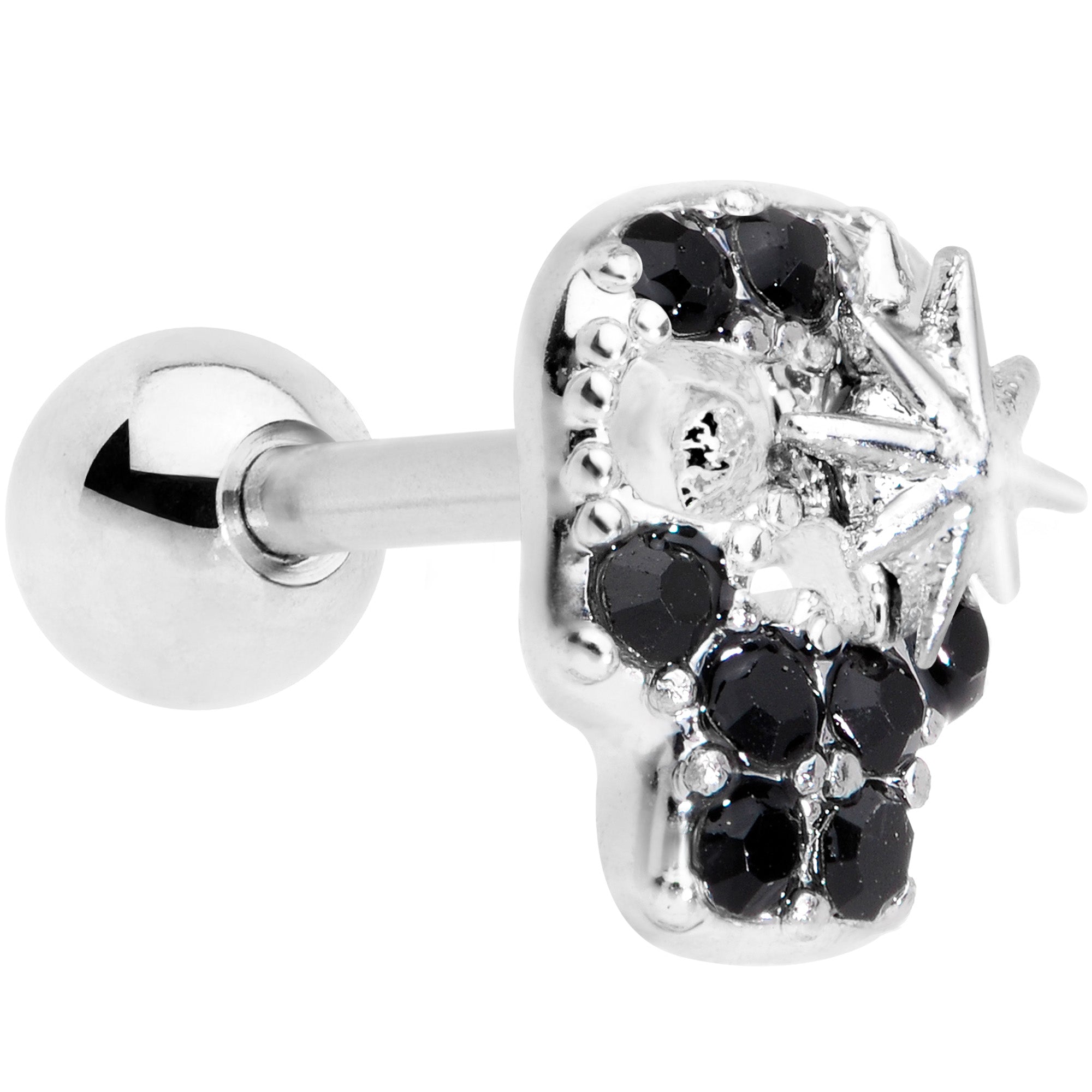 16G 1/4 Black Gem Star Skull Cartilage Tragus Earring