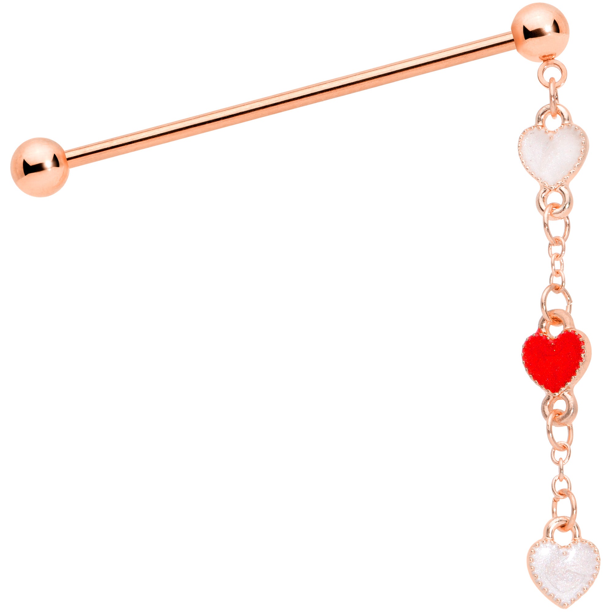 14 Gauge Red White Rose Gold Tone Hearts Dangle Industrial Barbell 38mm