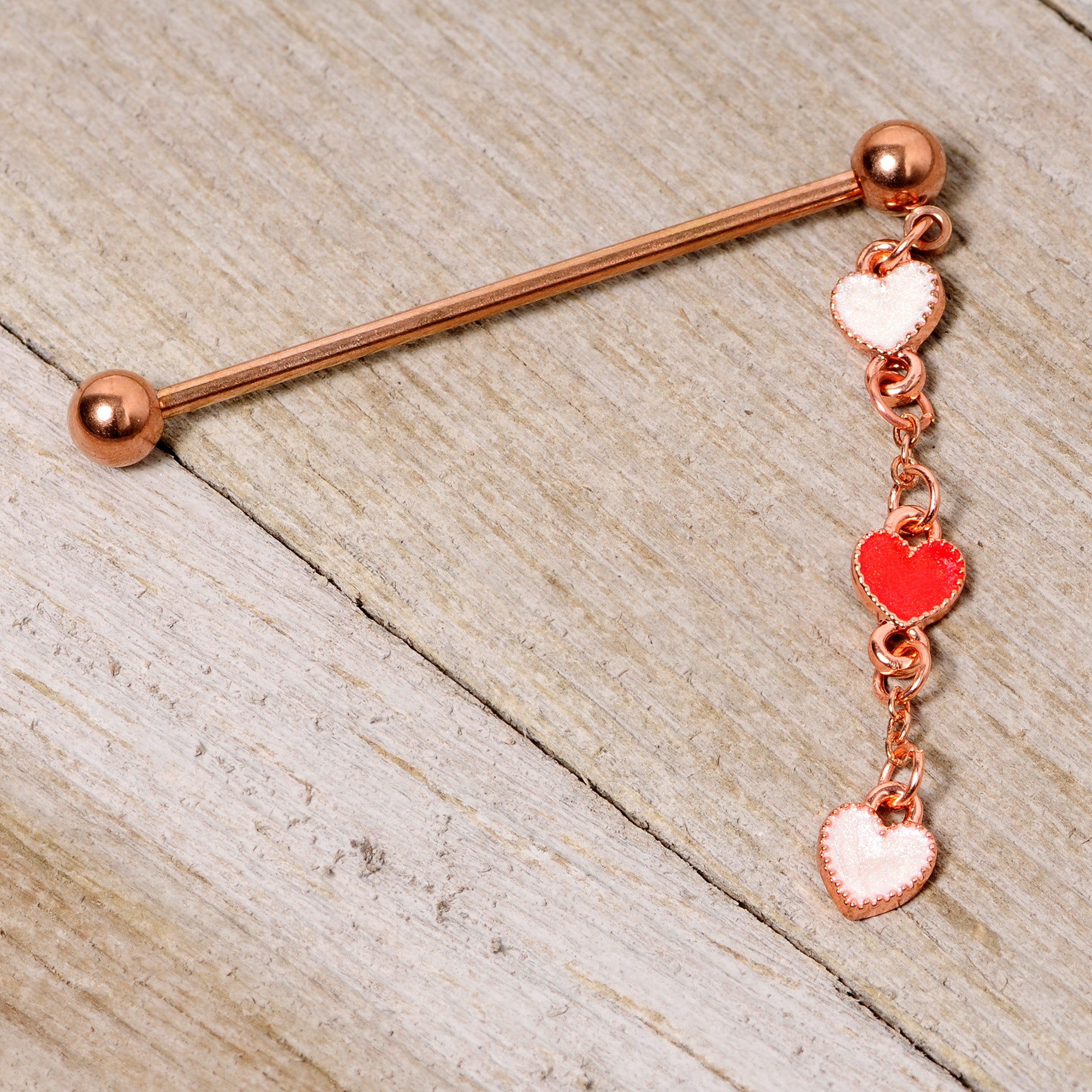14 Gauge Red White Rose Gold Tone Hearts Dangle Industrial Barbell 38mm