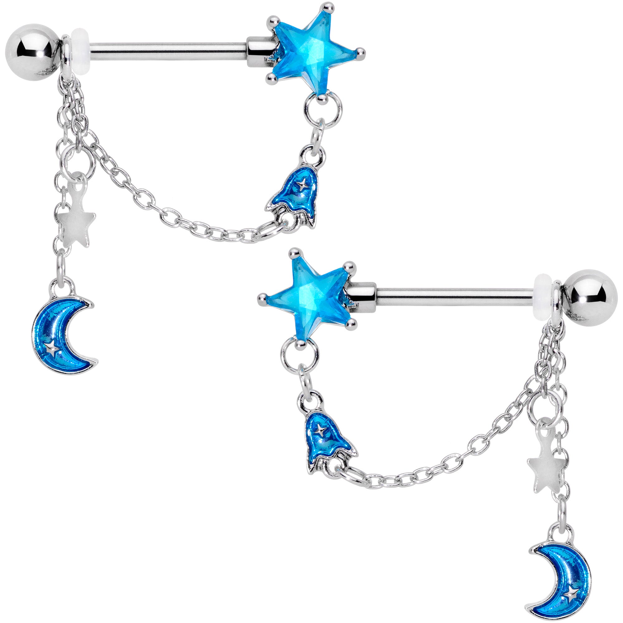 14 Gauge 5/8 Blue Gem Rocket Star Moon Dangle Barbell Nipple Ring Set