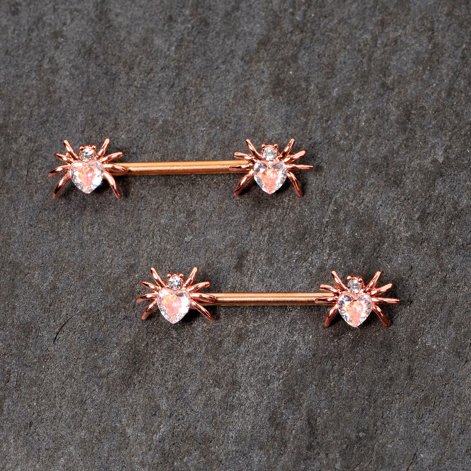 14G 9/16 Clear Gem Rose Gold Tone Heart Spider Nipple Ring Set