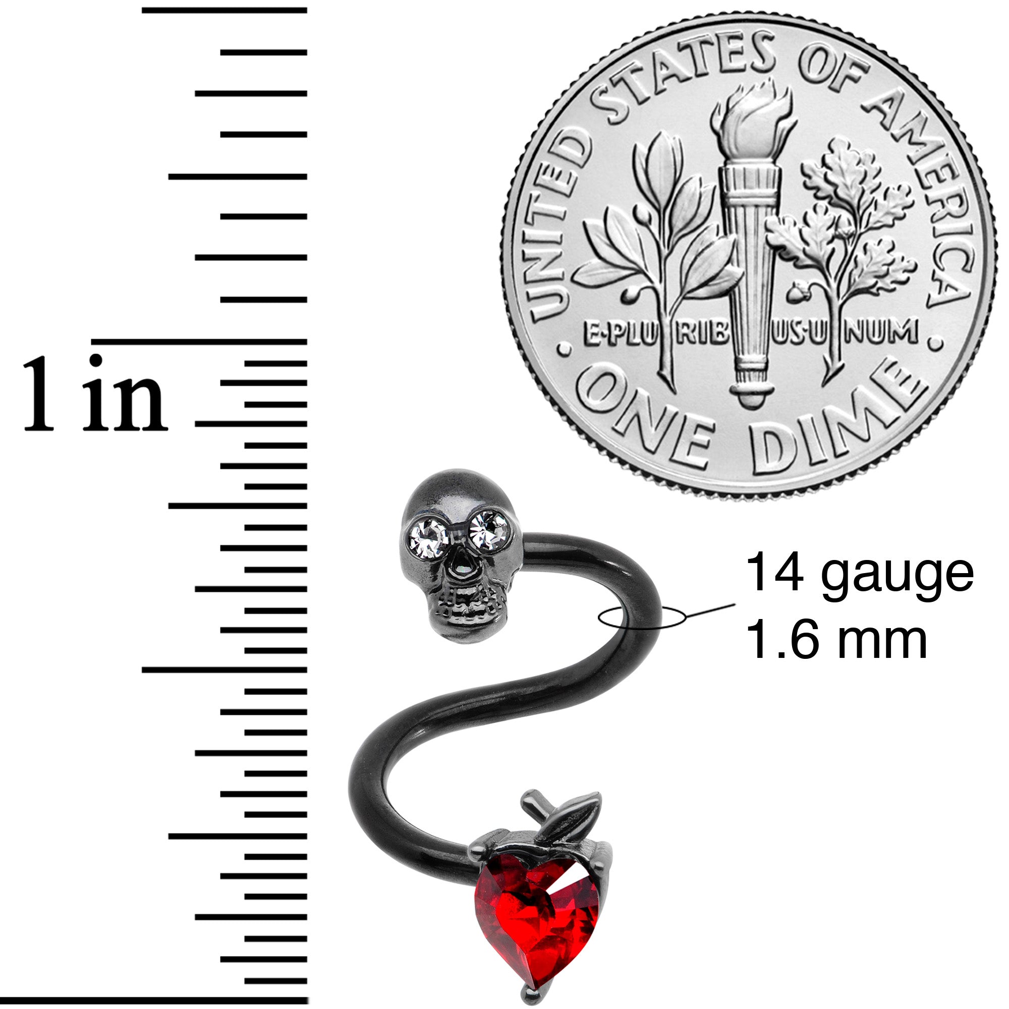 14G 1/2 Red CZ Gem Halloween Skull Spiral Twister Belly Ring