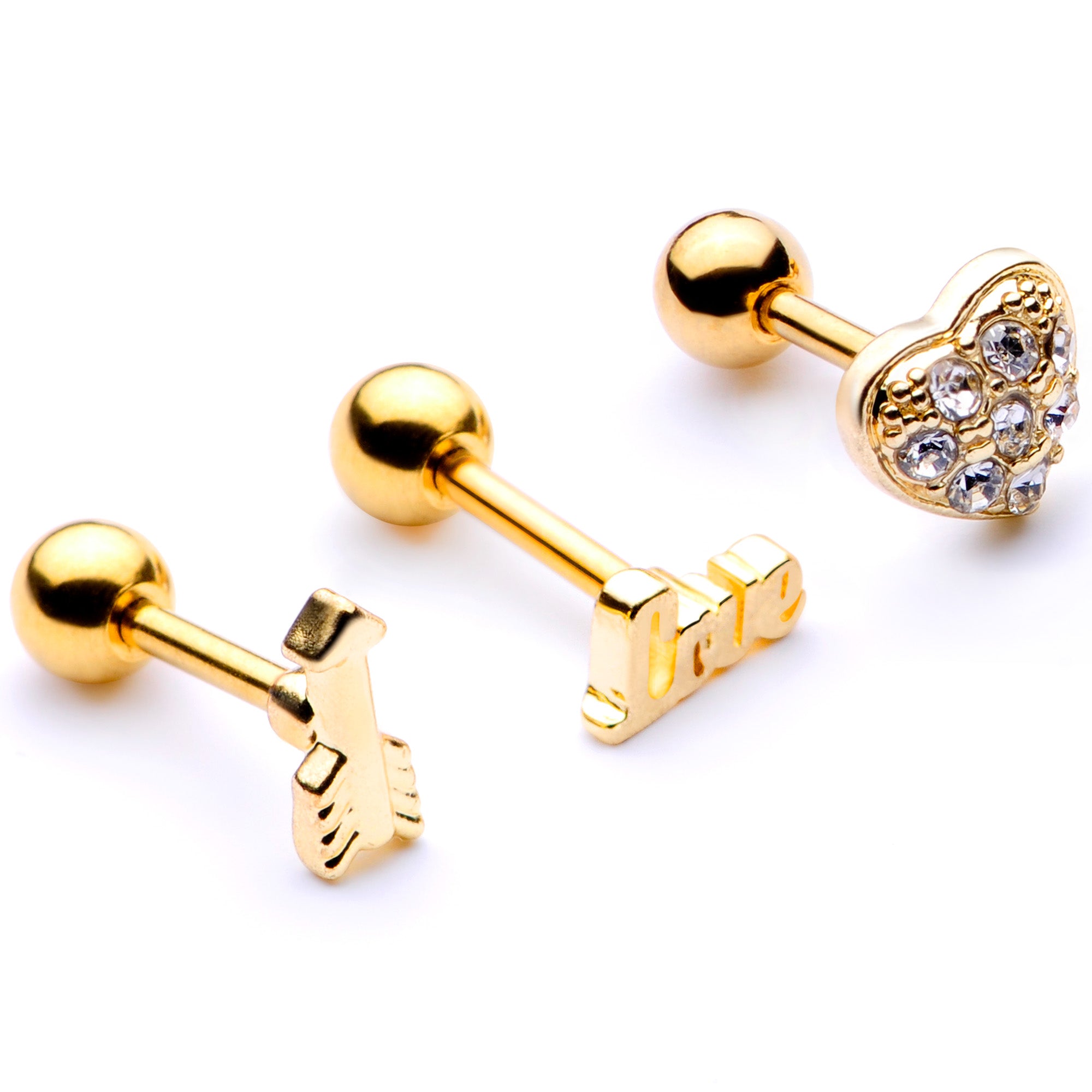 16G 1/4 Clear Gem Gold Tone Plated Valentine Cartilage Set