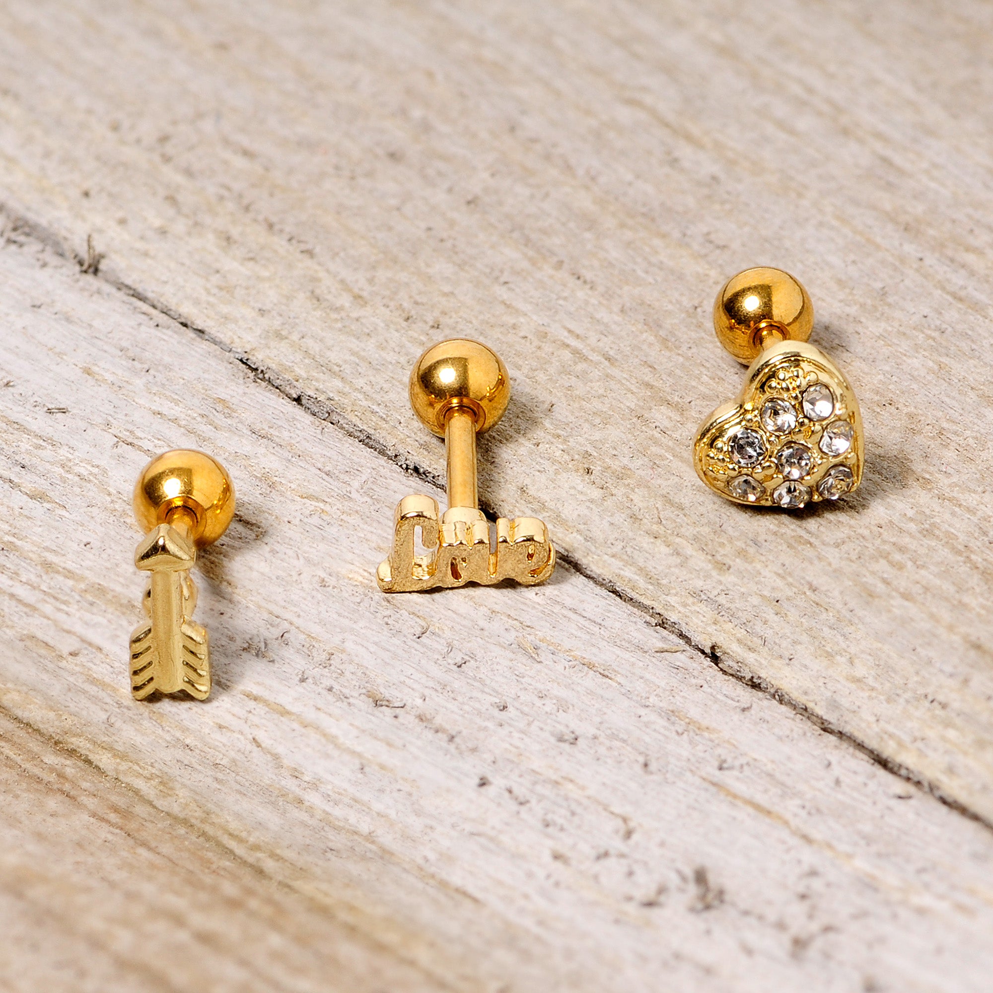 16G 1/4 Clear Gem Gold Tone Plated Valentine Cartilage Set