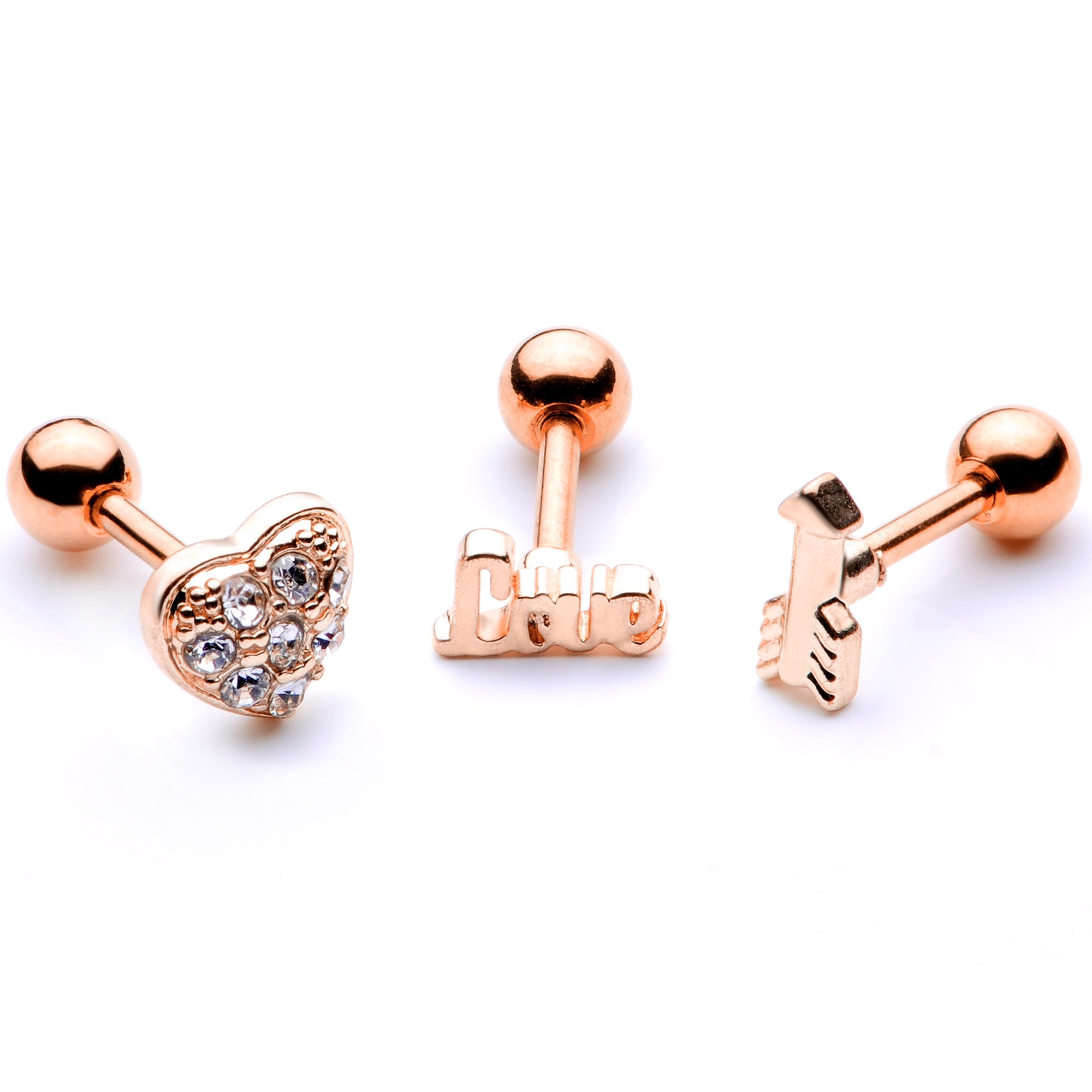 16G 1/4 Clear Gem Rose Gold Tone Plated Valentine Cartilage Set