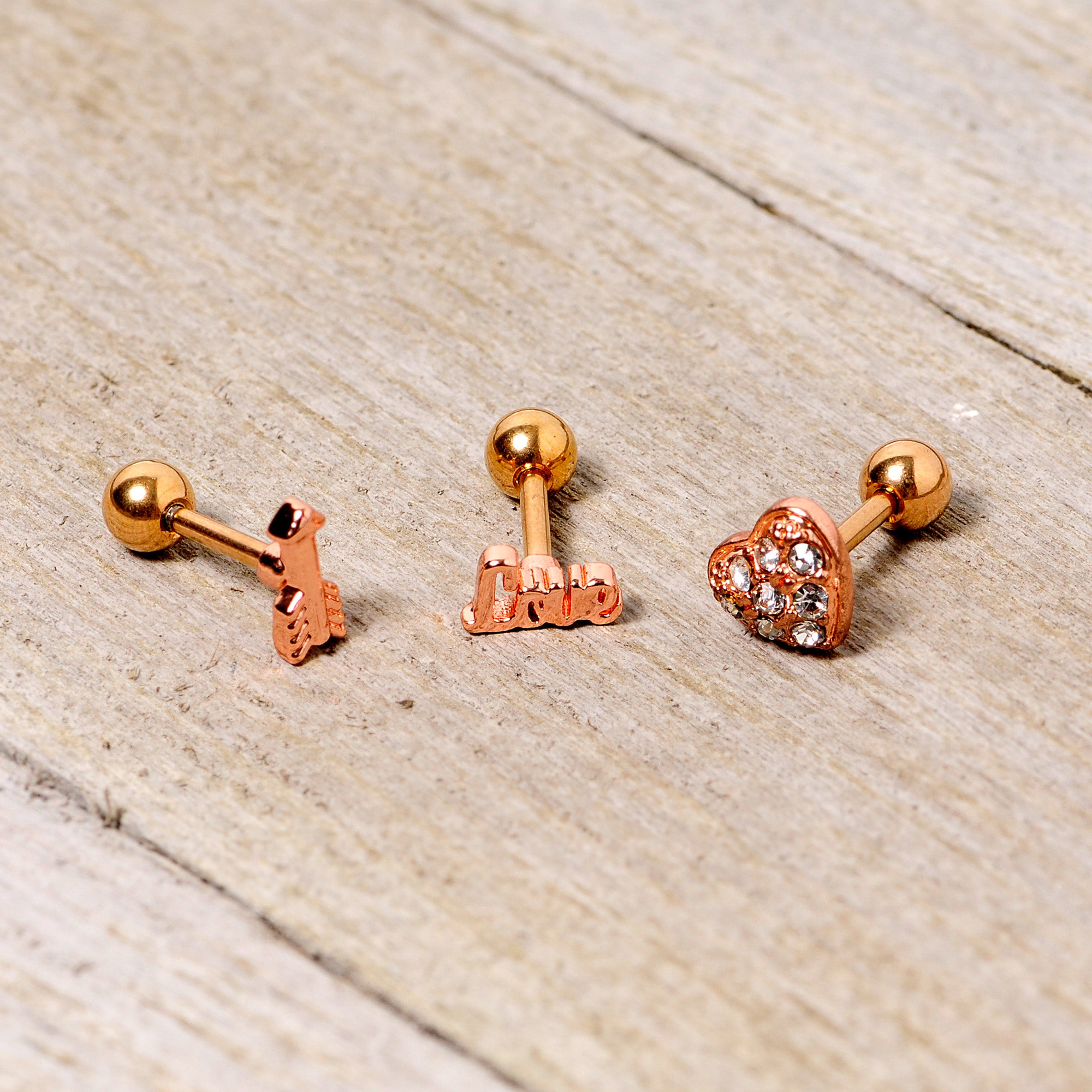 16G 1/4 Clear Gem Rose Gold Tone Plated Valentine Cartilage Set