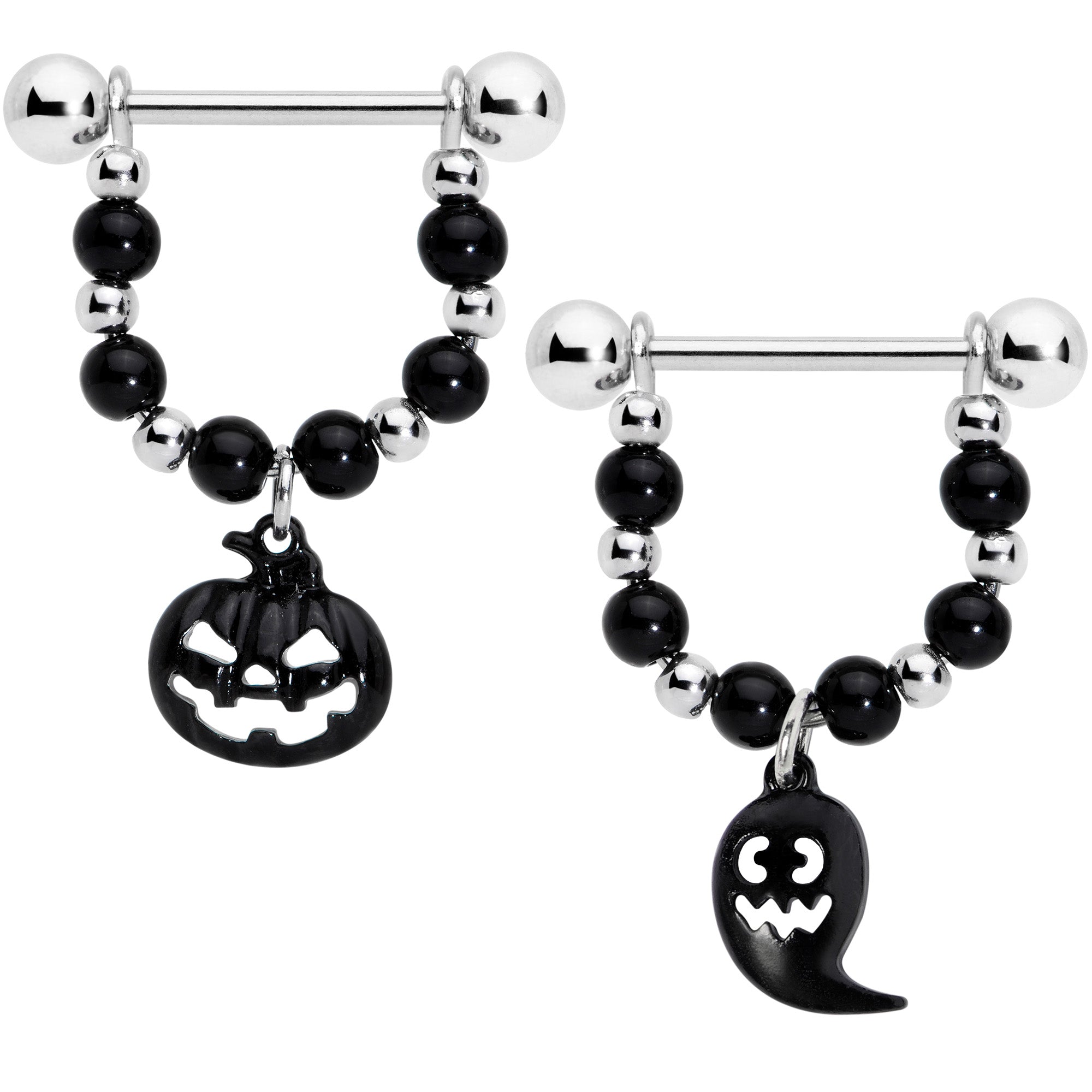 14 Gauge 5/8 Black Pumpkin Ghost Halloween Dangle Nipple Ring Set