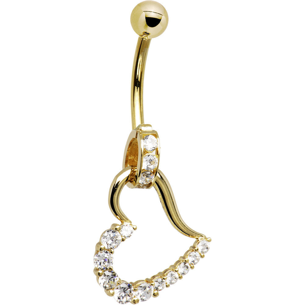 Solid 14KT Yellow Gold Cubic Zirconia HOLLOW HEART CHARM Belly Ring
