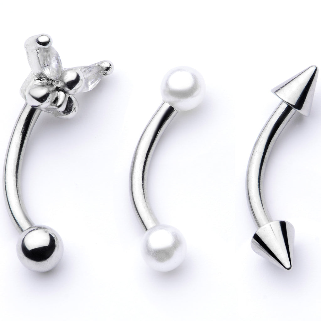 16G 5/16 Clear Gem Butterfly Curved Eyebrow Ring Set of 3