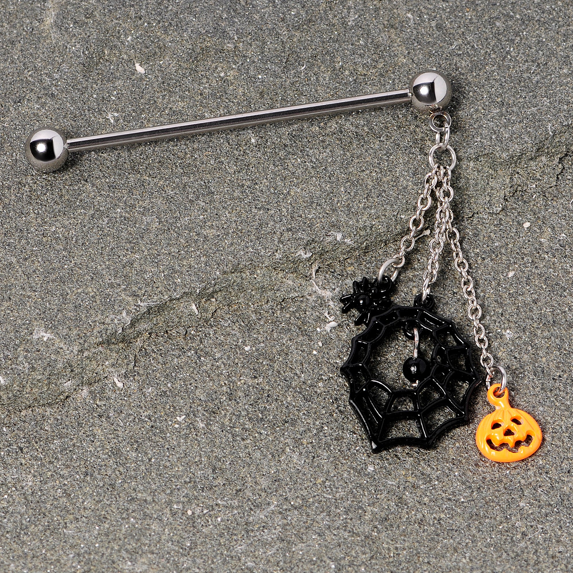 14G Spiderweb Pumpkin Halloween Dangle Industrial Barbell 38mm