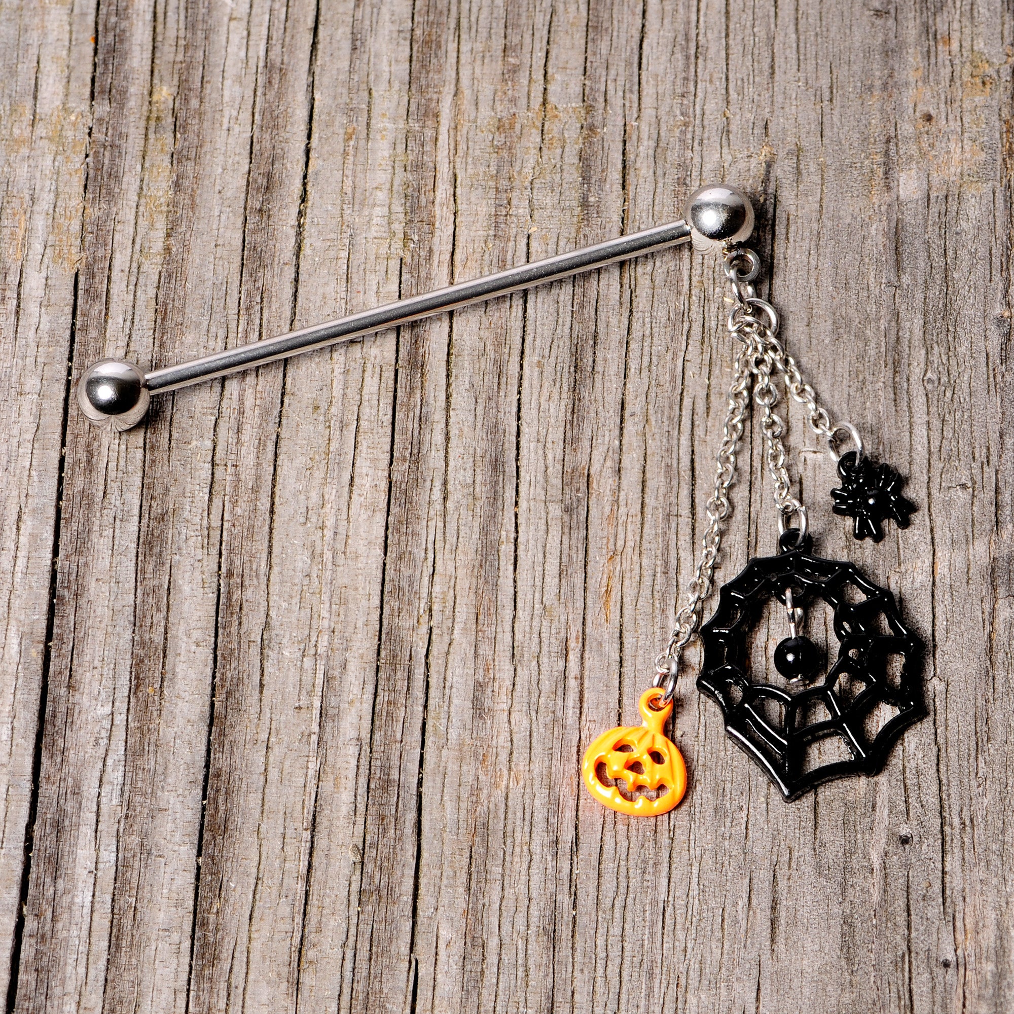 14G Spiderweb Pumpkin Halloween Dangle Industrial Barbell 38mm