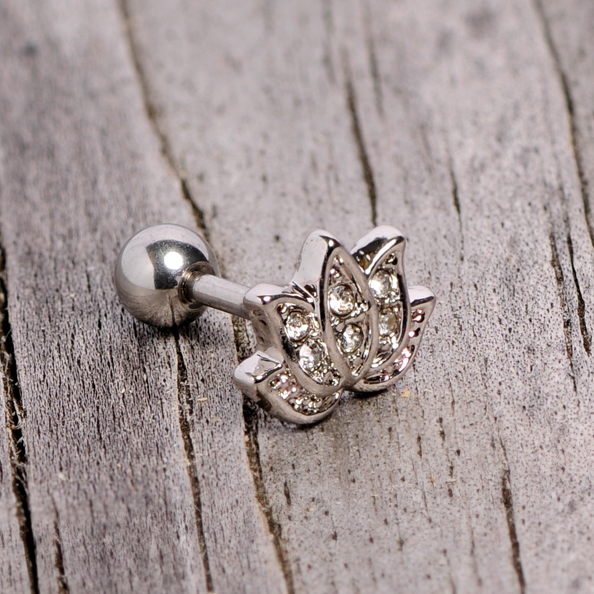 16G 1/4 Clear Gem Lotus Flower Cartilage Tragus Earring