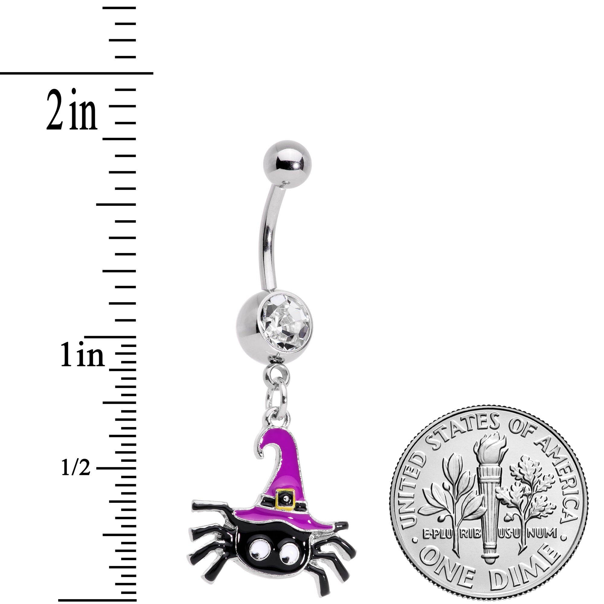 Clear Gem Black Purple Witchy Spider Halloween Dangle Belly Ring